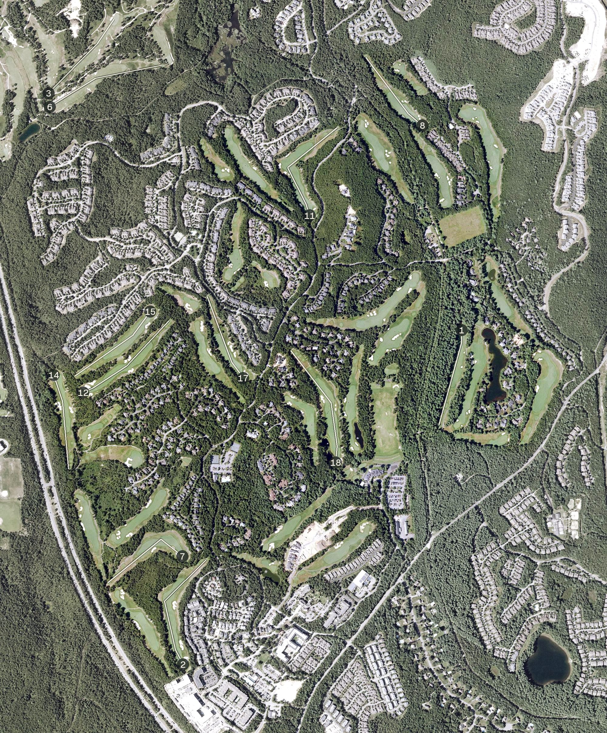 Aerial view of Pinehills Golf Club, MA, with its hole routing marked