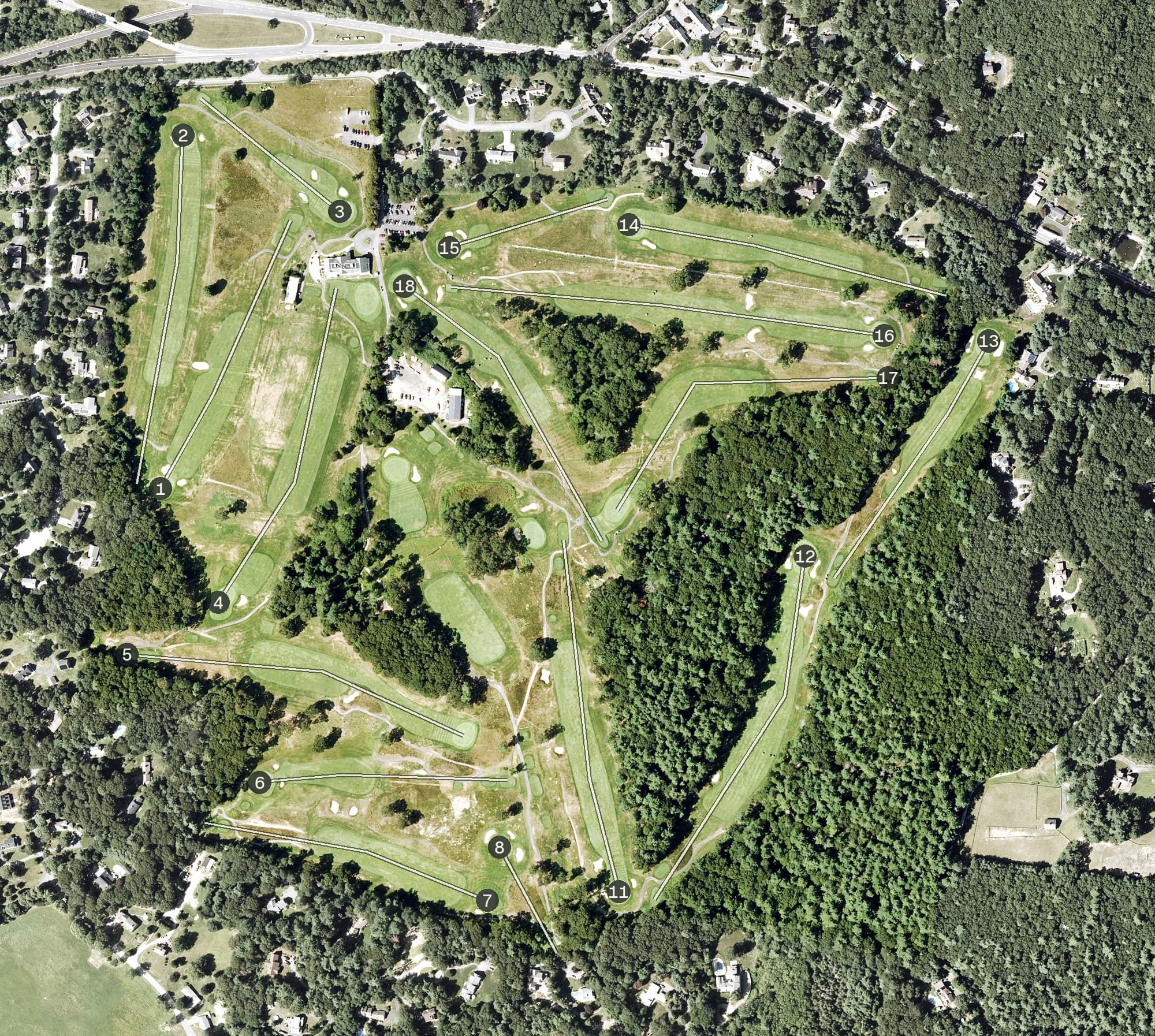 Aerial view of Plymouth Country Club, MA, with its hole routing marked