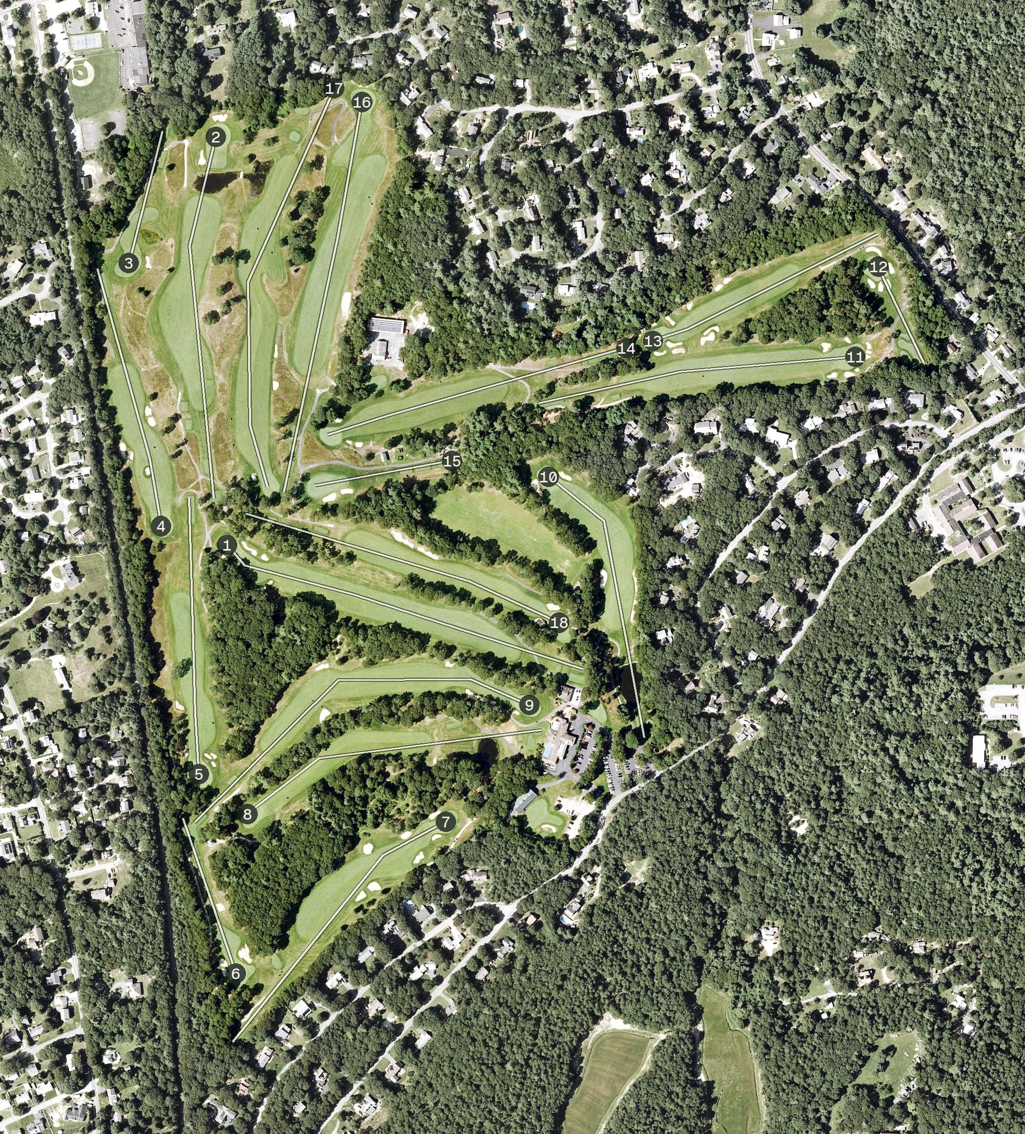 Aerial view of Pocasset Golf Club, MA, with its hole routing marked