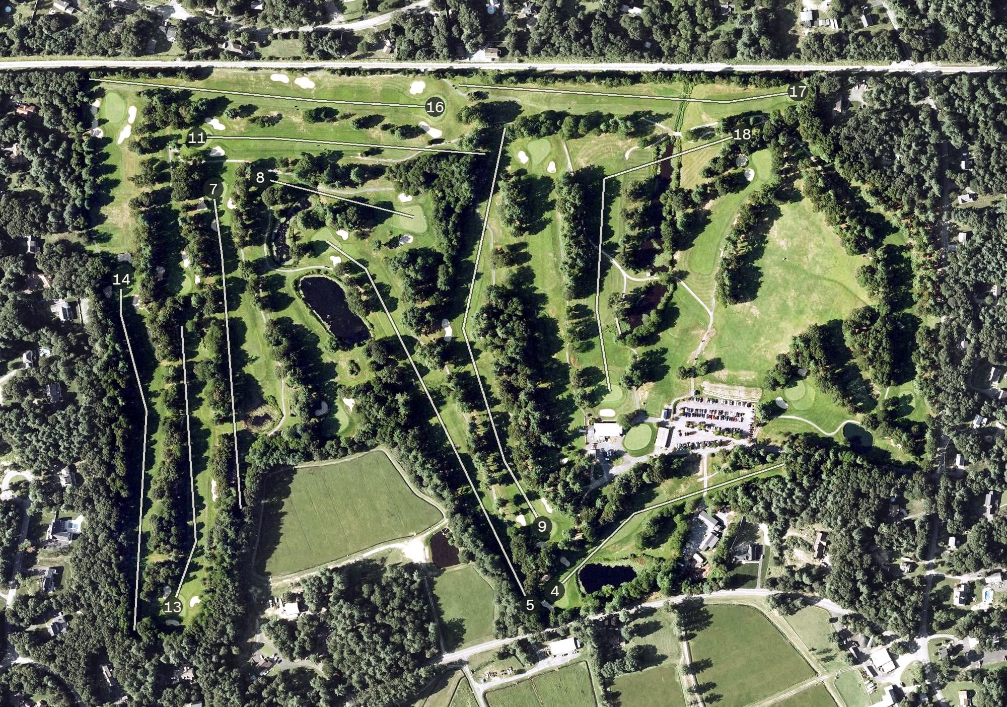 Aerial view of Poquoy Brook Golf Club, MA, with its hole routing marked