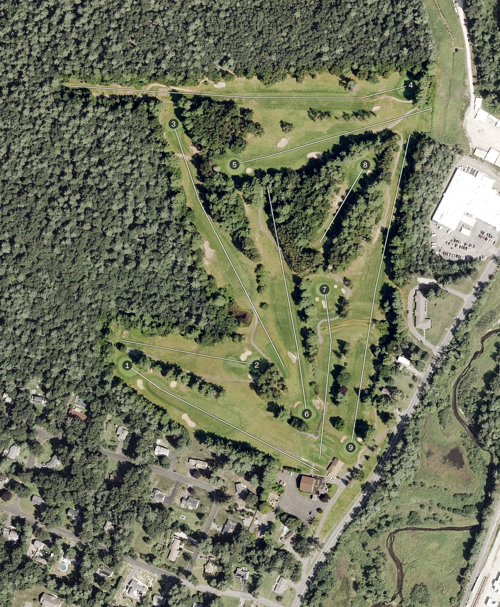 Aerial view of Quaboag Country Club, MA, with its hole routing marked
