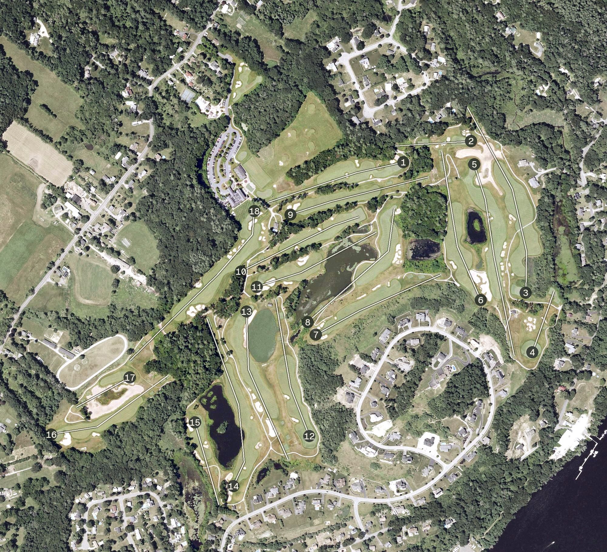 Aerial view of Renaissance Golf Club, MA, with its hole routing marked