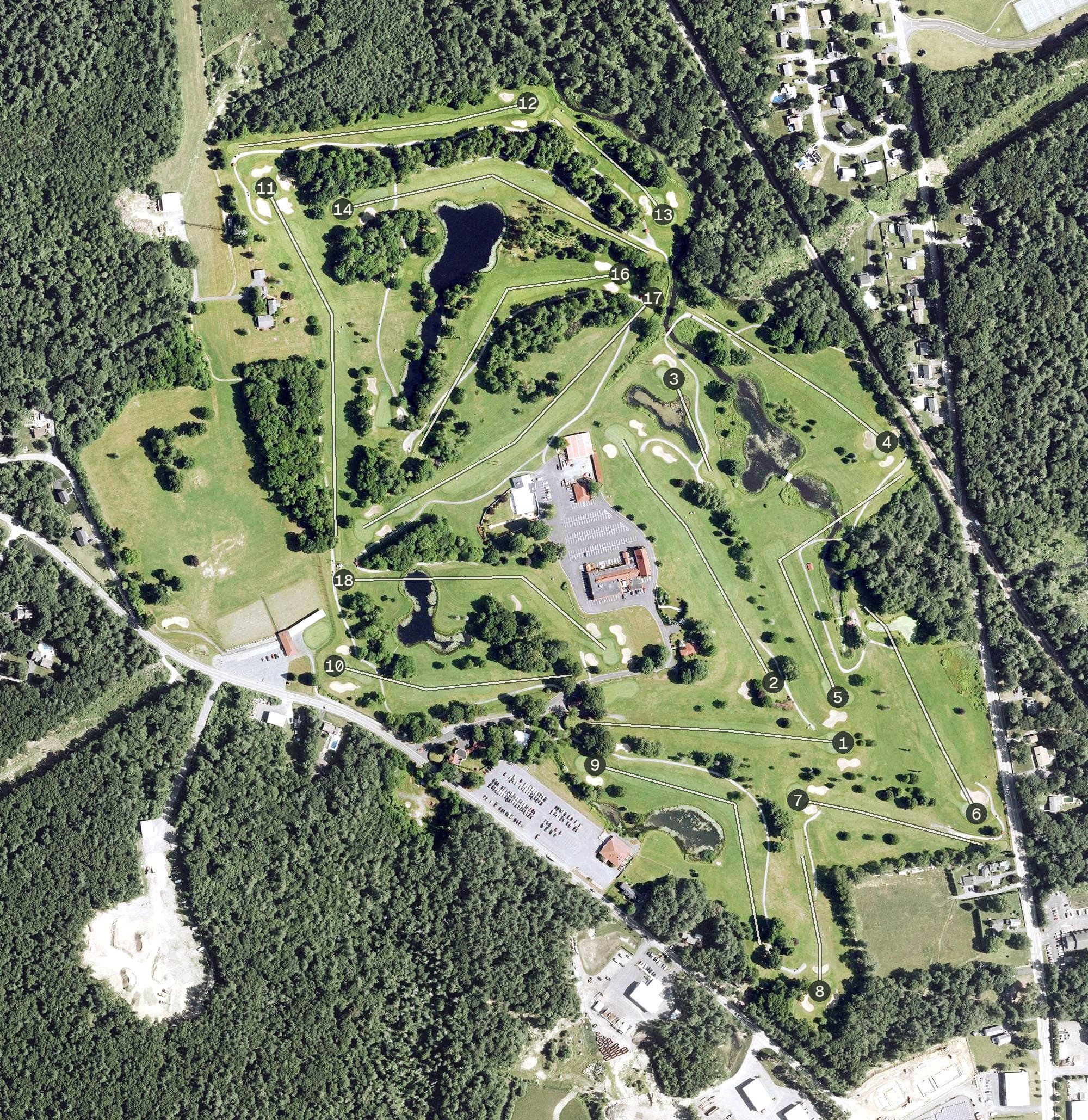 Aerial view of Ridders Farm Golf Club, MA, with its hole routing marked