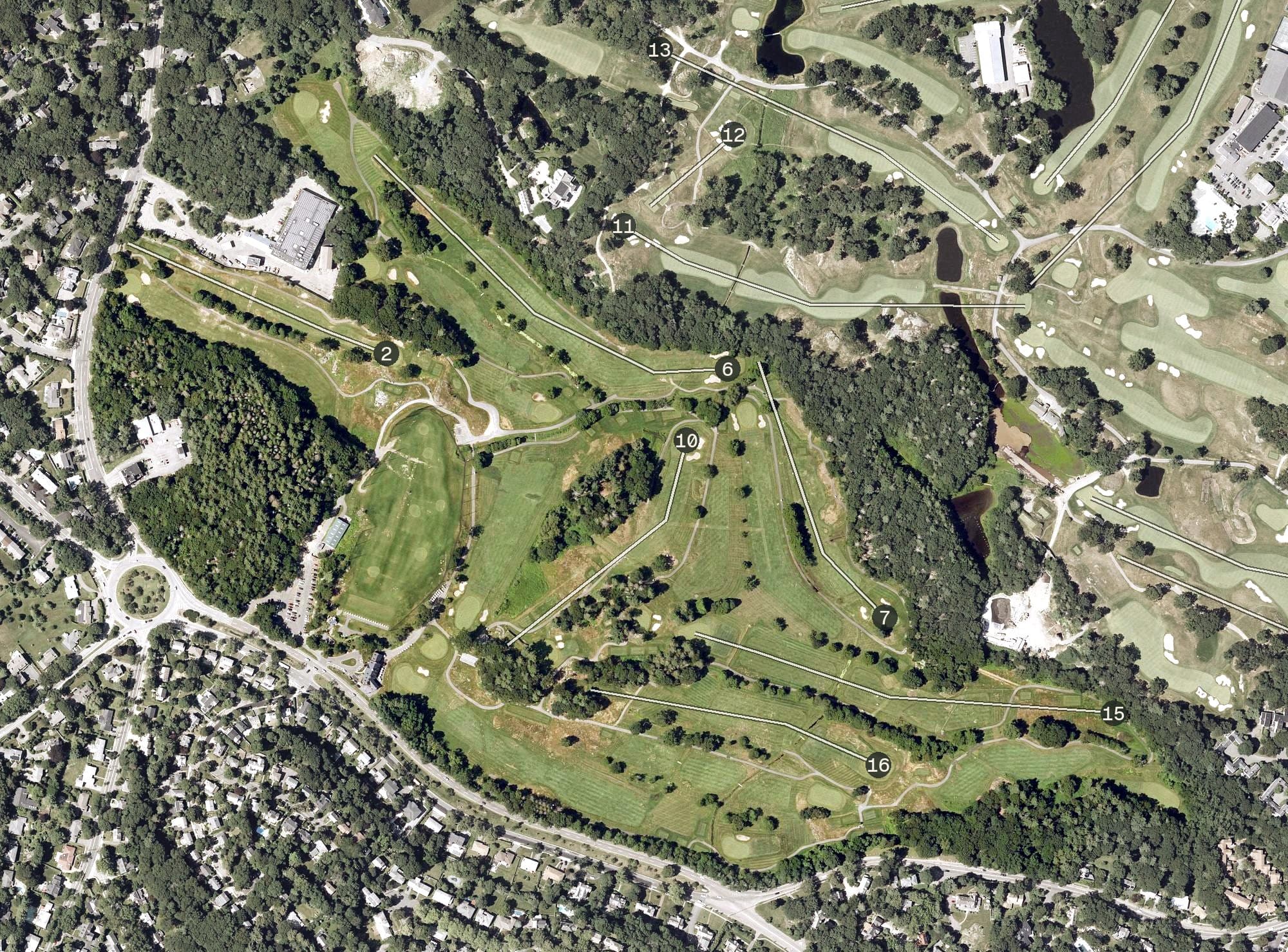 Aerial view of Robert T. Lynch Municipal Golf Course, MA, with its hole routing marked