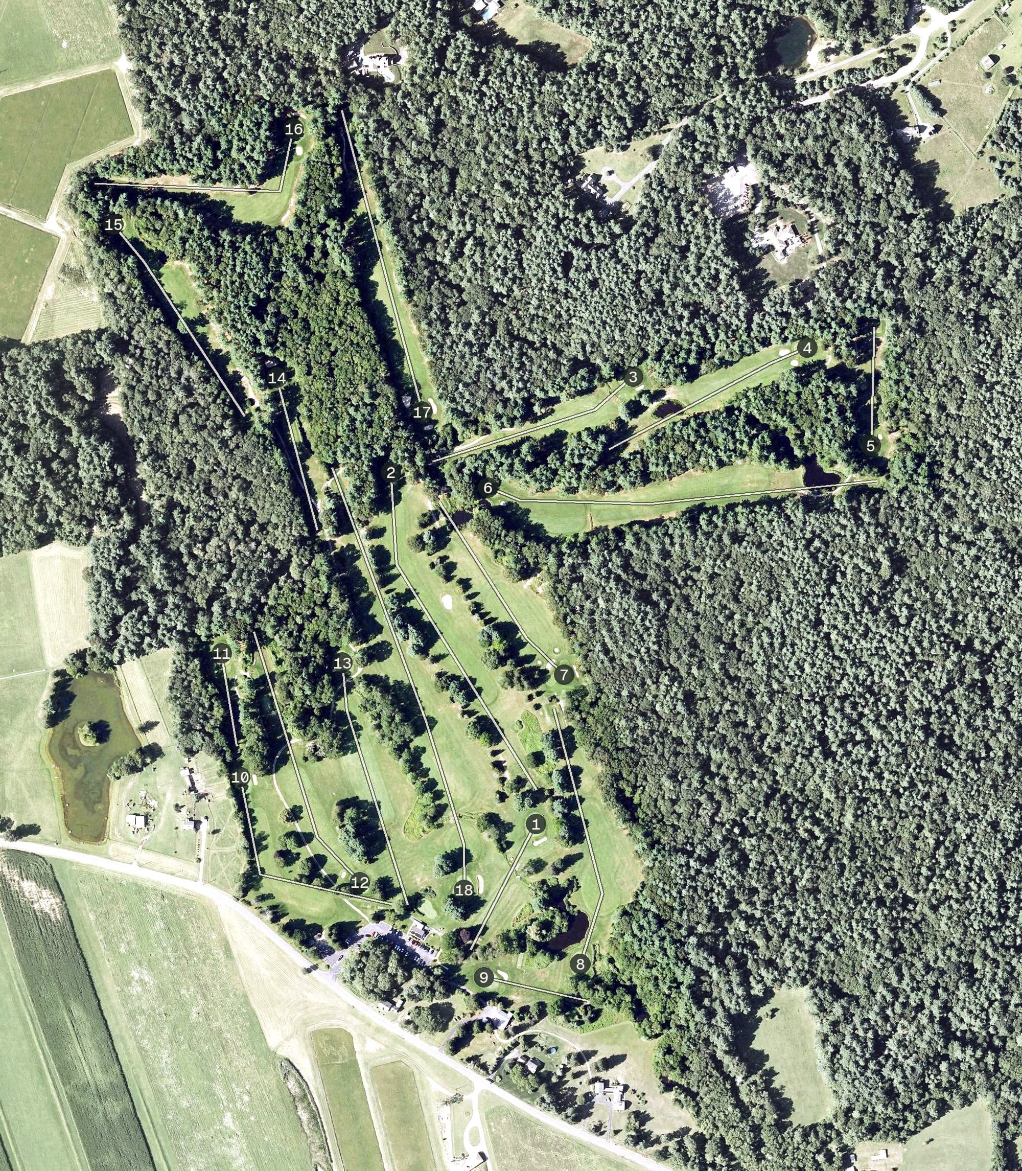 Aerial view of Rochester Golf Club, MA, with its hole routing marked
