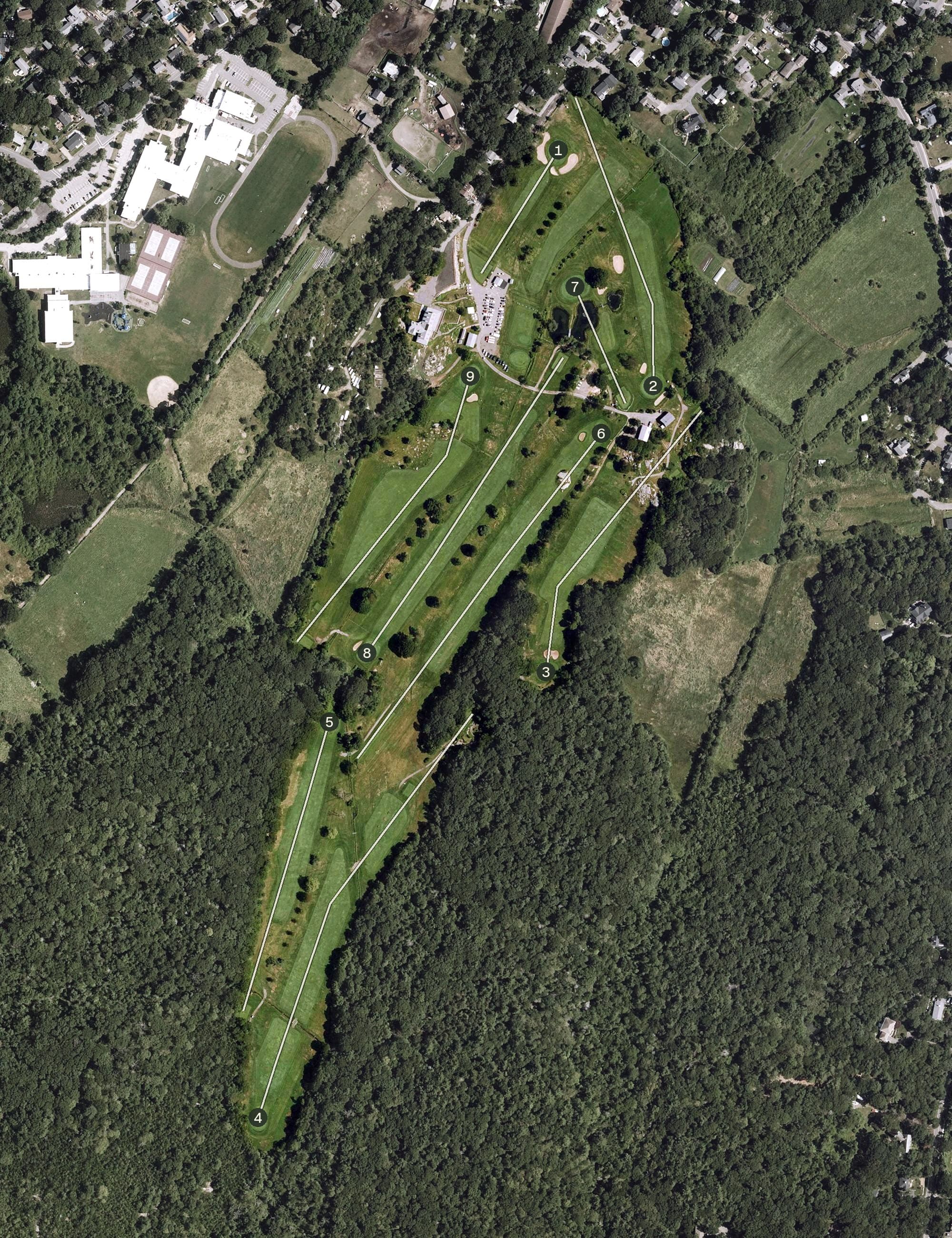 Aerial view of Rockport Golf Club, MA, with its hole routing marked