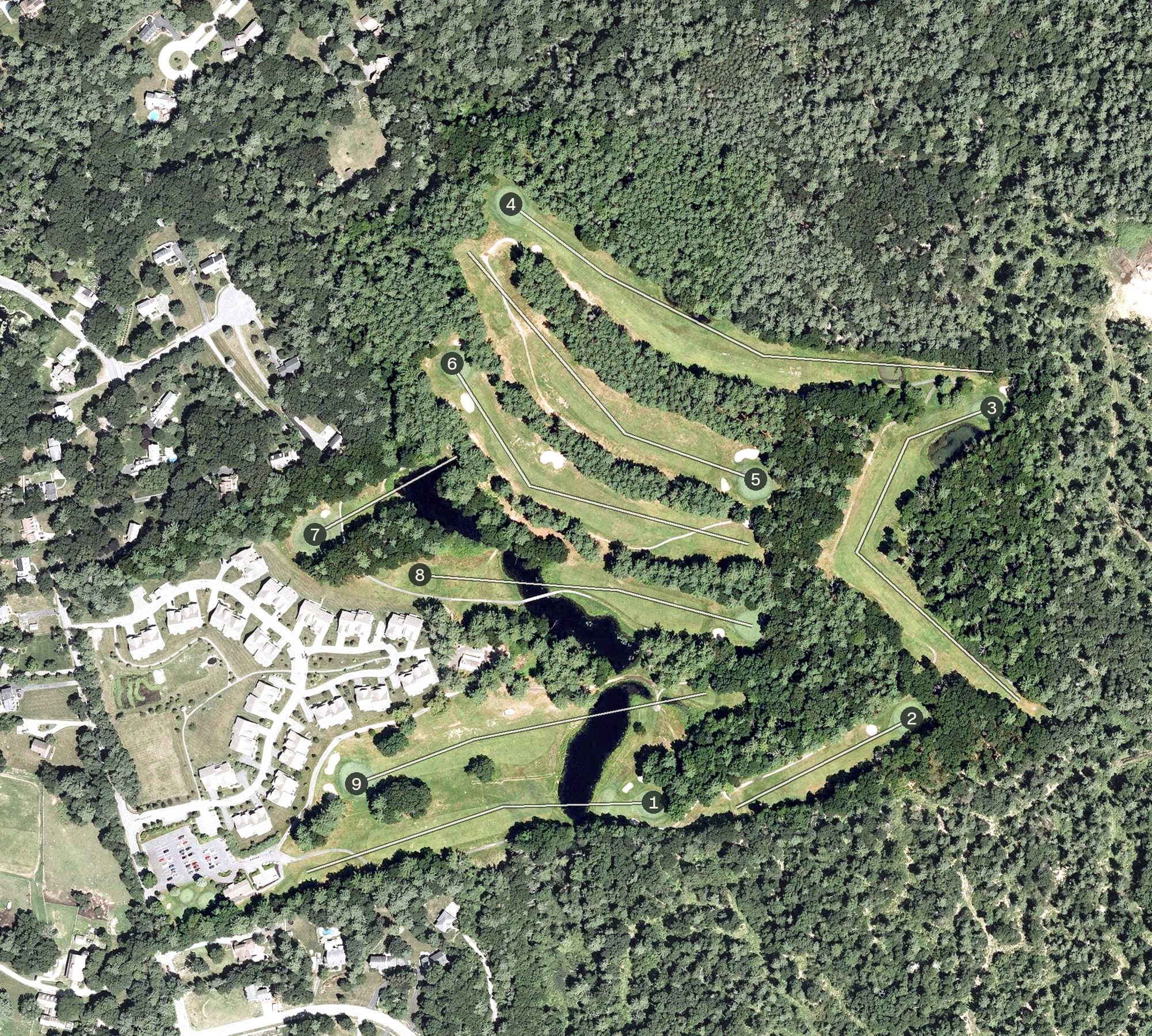 Aerial view of Rowley Country Club, MA, with its hole routing marked