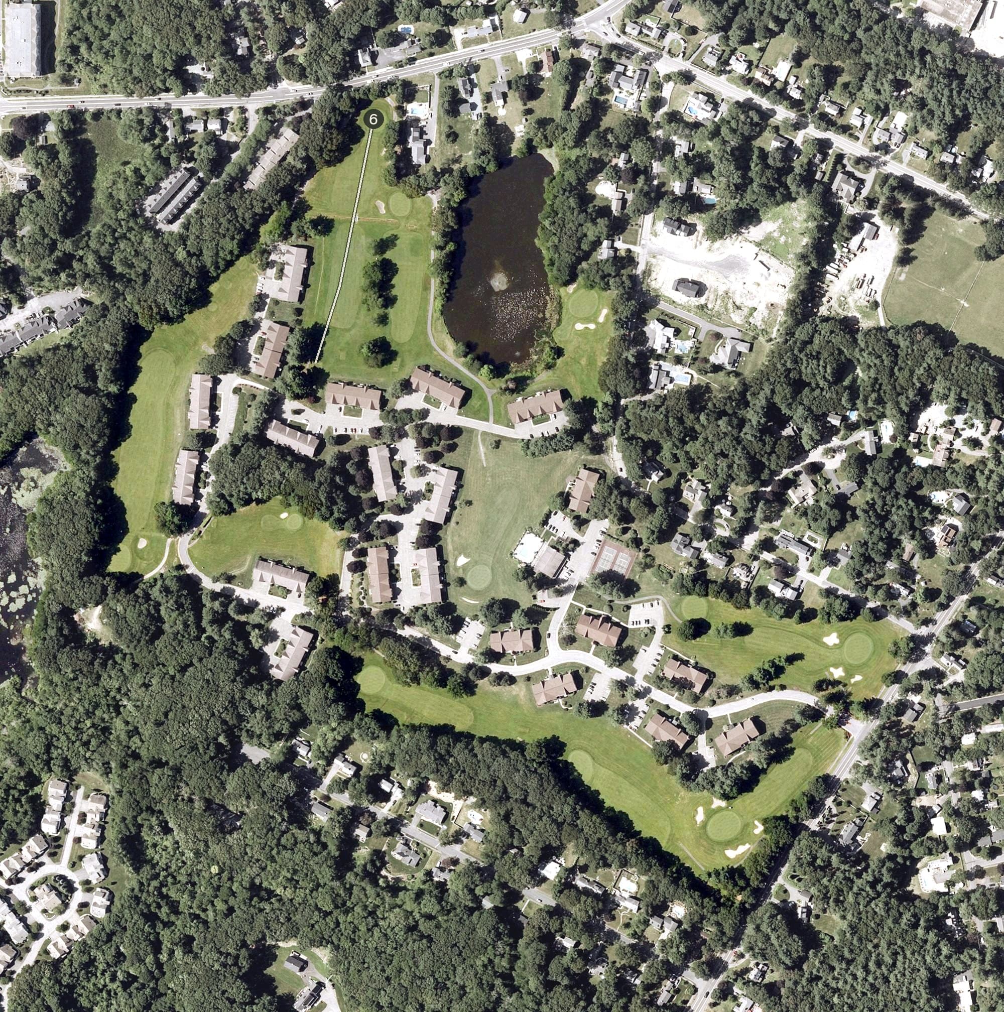 Aerial view of Royal Crest Country Club, MA, with its hole routing marked