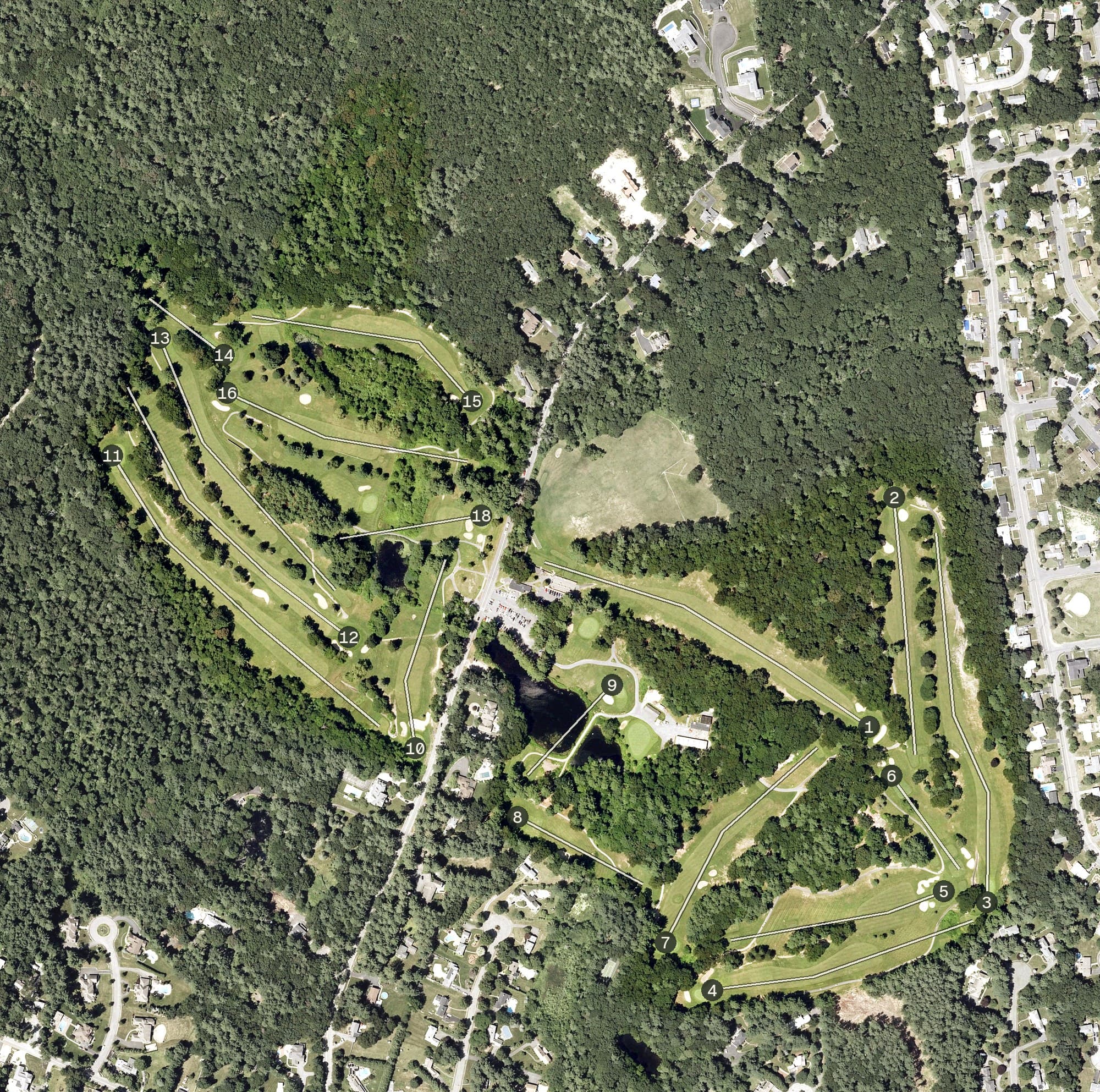 Aerial view of Sagamore Spring Golf Club, MA, with its hole routing marked
