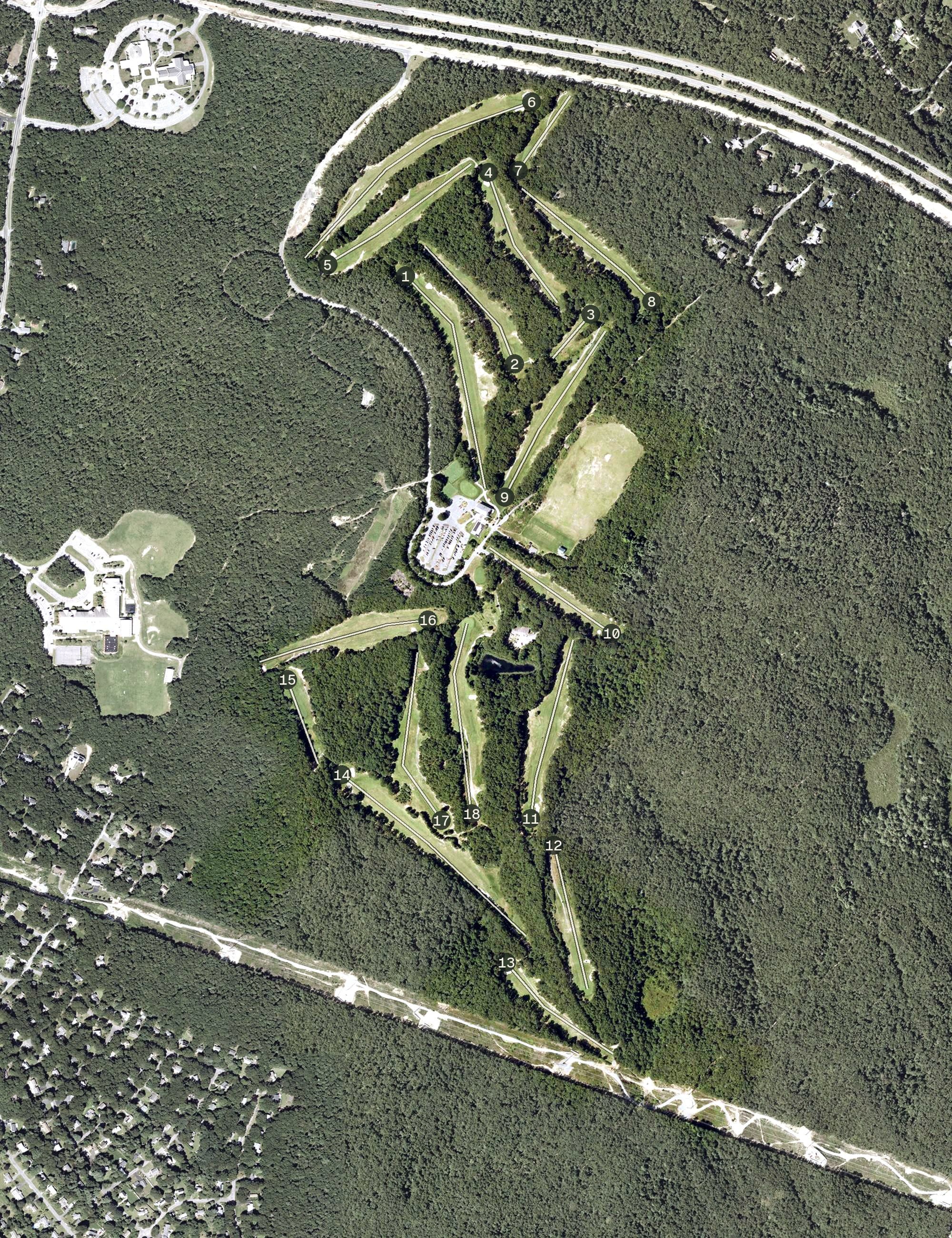 Aerial view of Sandwich Hollows Golf Club, MA, with its hole routing marked