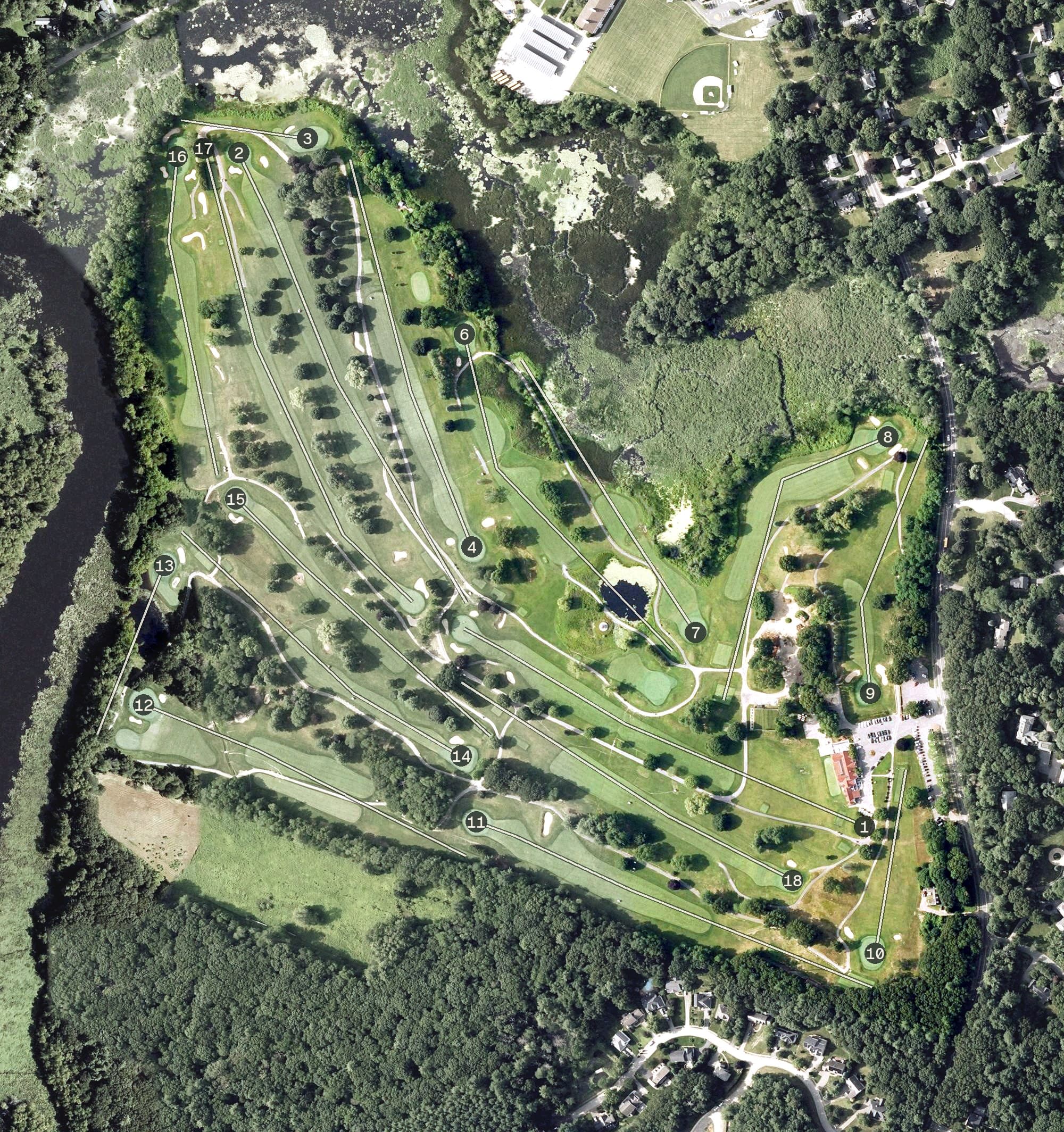 Aerial view of Sandy Burr Country Club, MA, with its hole routing marked