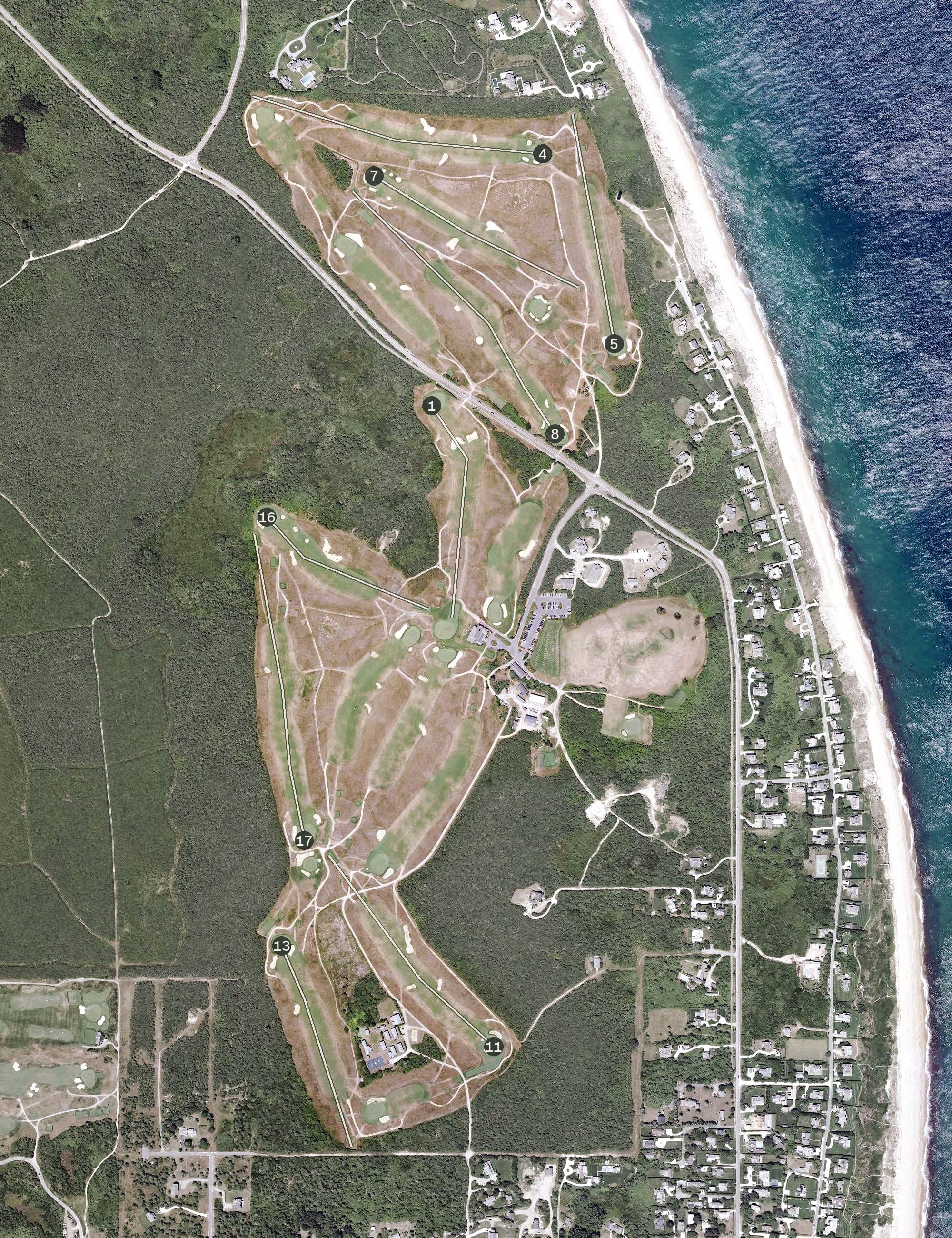 Aerial view of Sankaty Head Golf Club, MA, with its hole routing marked
