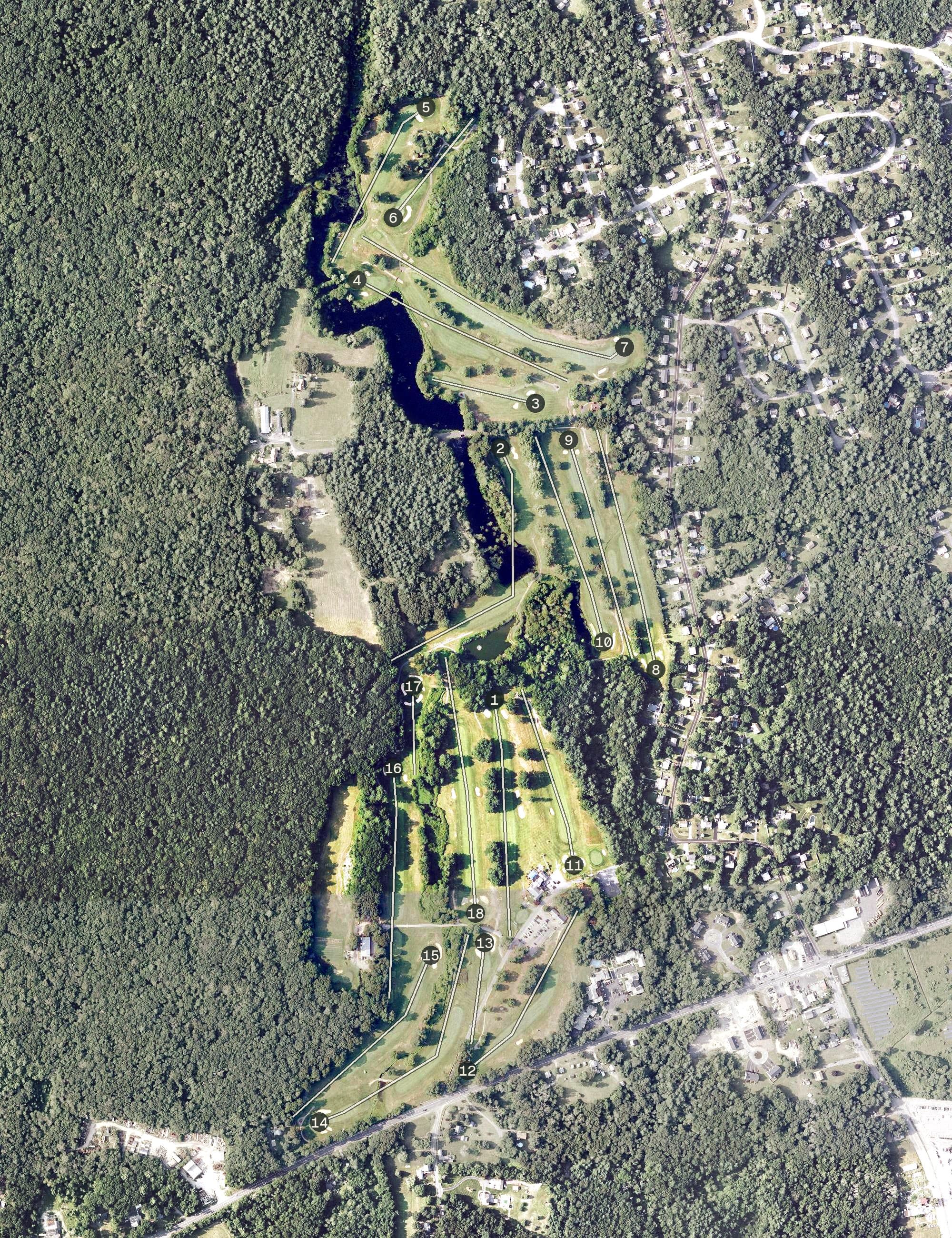 Aerial view of Segregansett Country Club, MA, with its hole routing marked