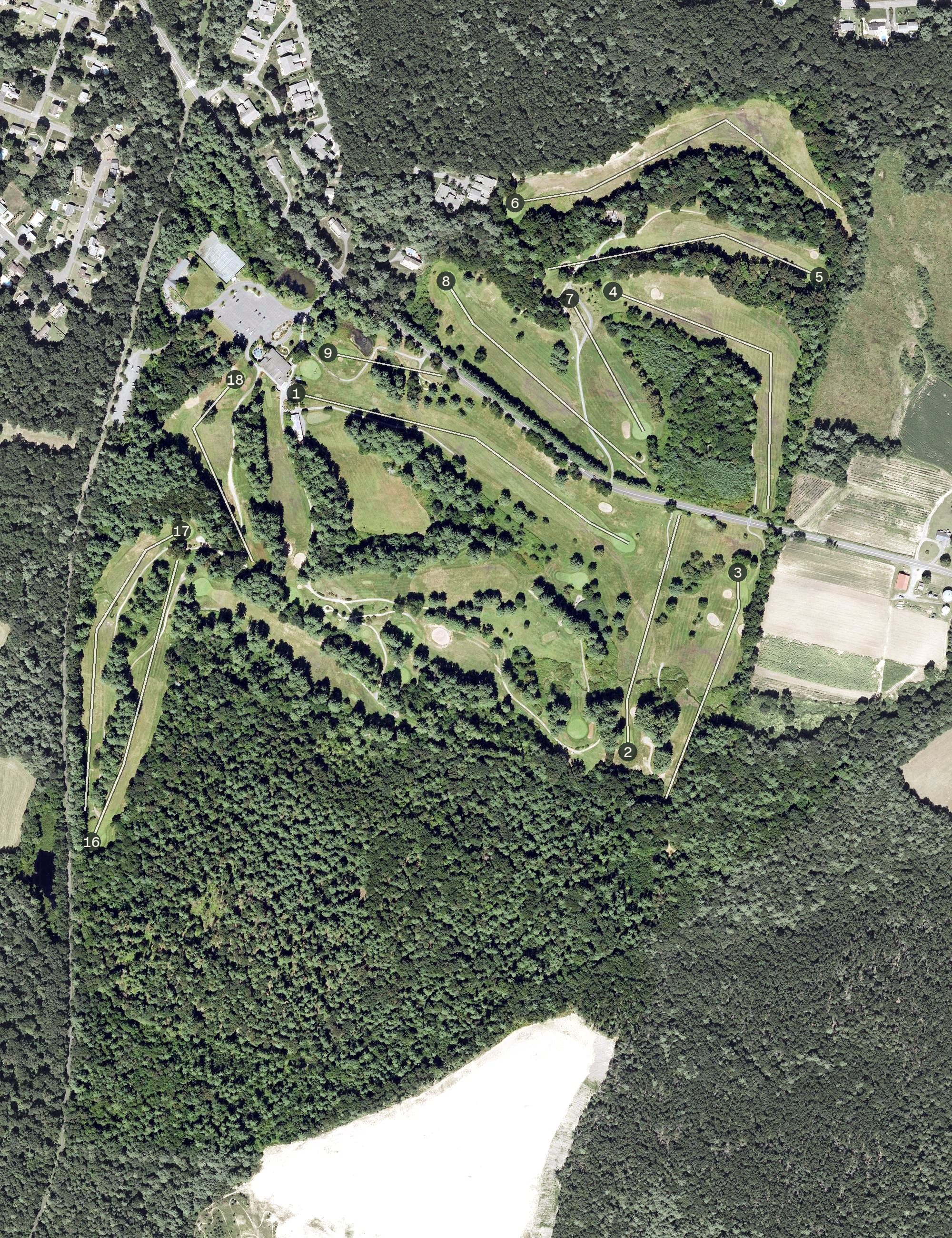 Aerial view of Shaker Farms Country Club, MA, with its hole routing marked