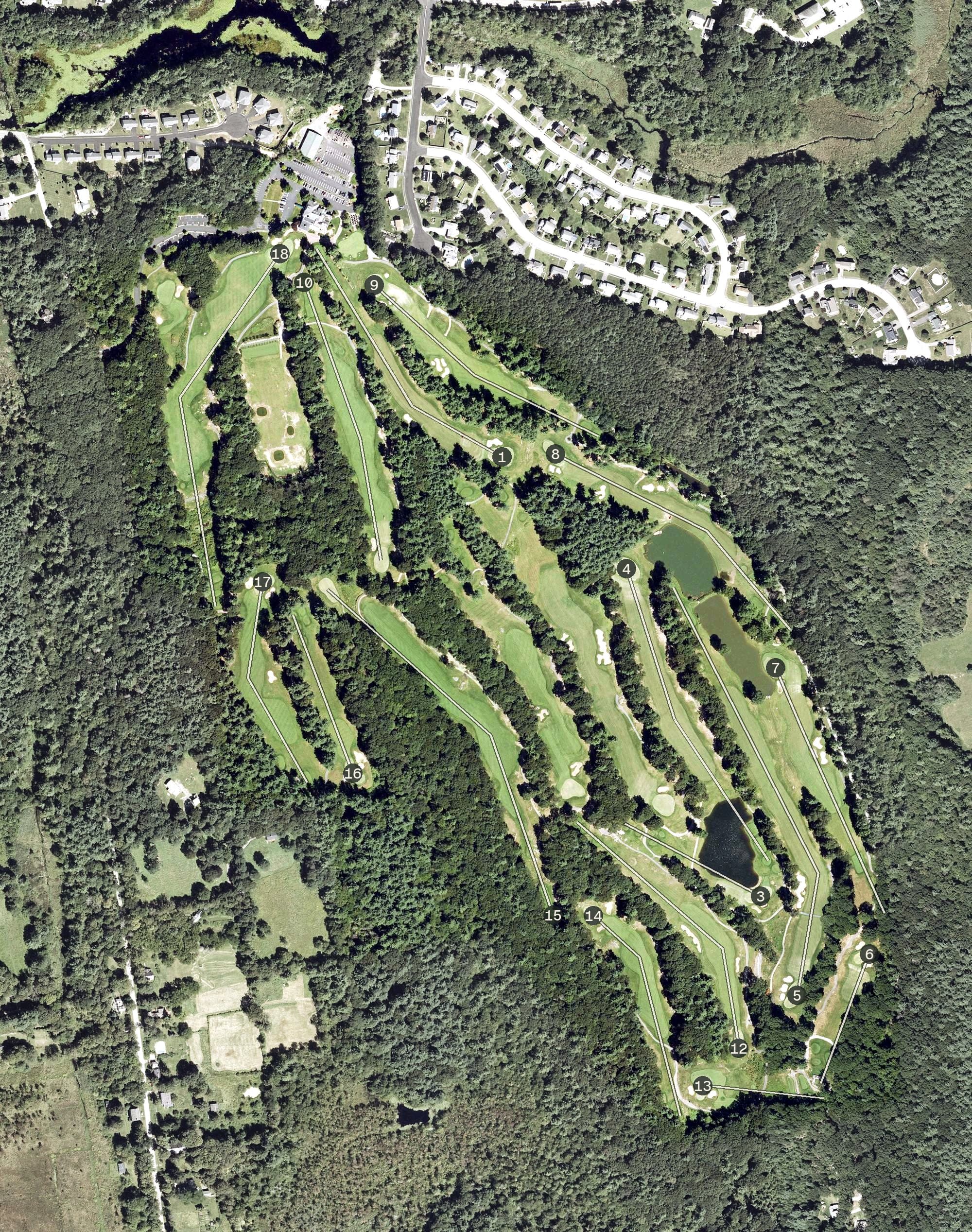 Aerial view of Shaker Hills Country Club, MA, with its hole routing marked