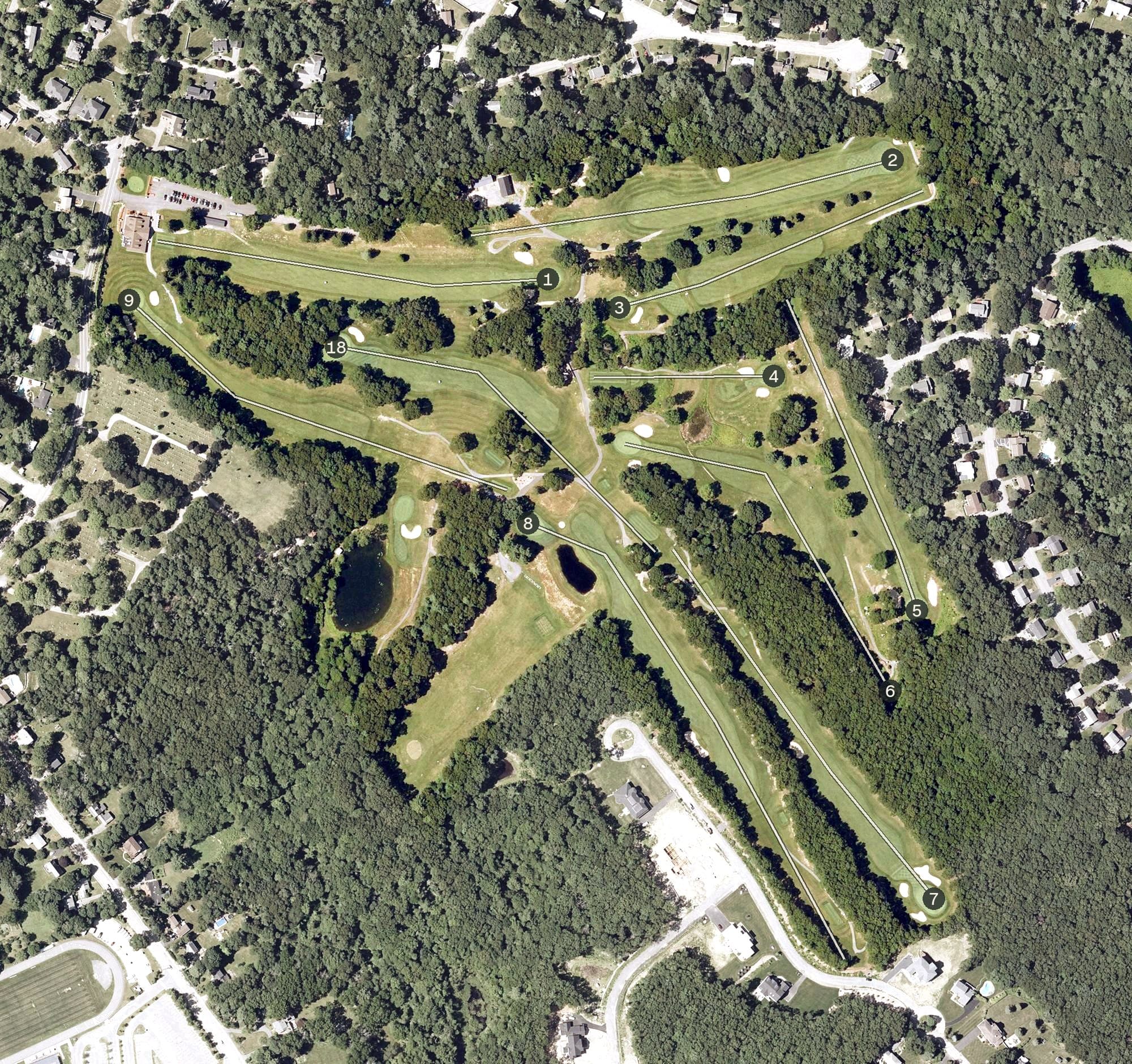 Aerial view of Sharon Country Club, MA, with its hole routing marked