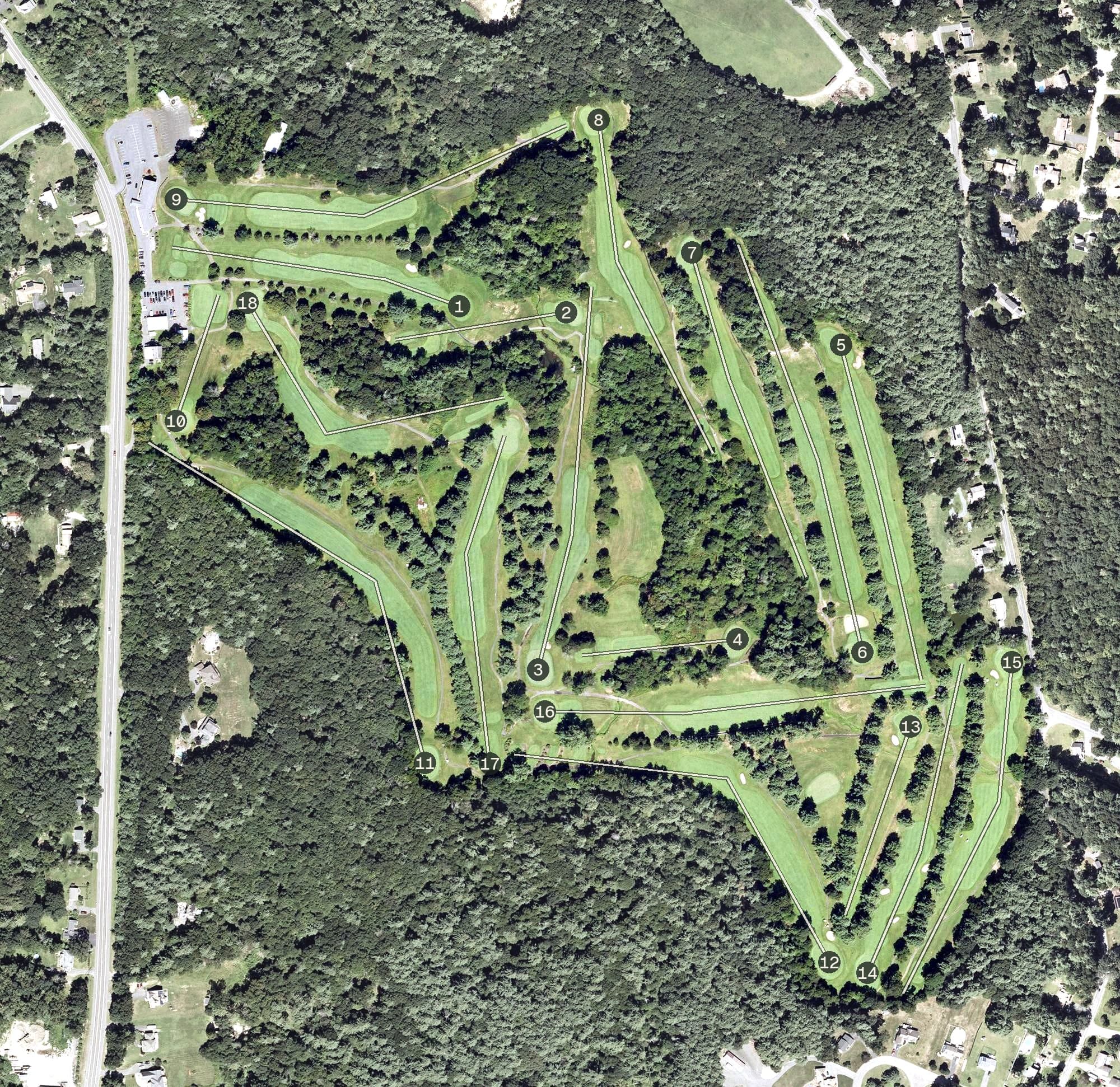 Aerial view of Southampton Country Club, MA, with its hole routing marked