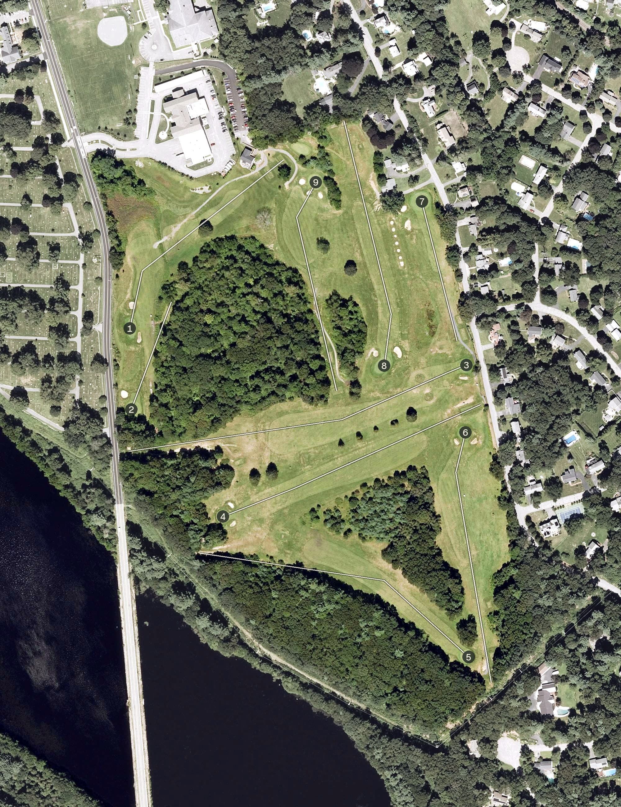 Aerial view of Southborough Golf Club, MA, with its hole routing marked