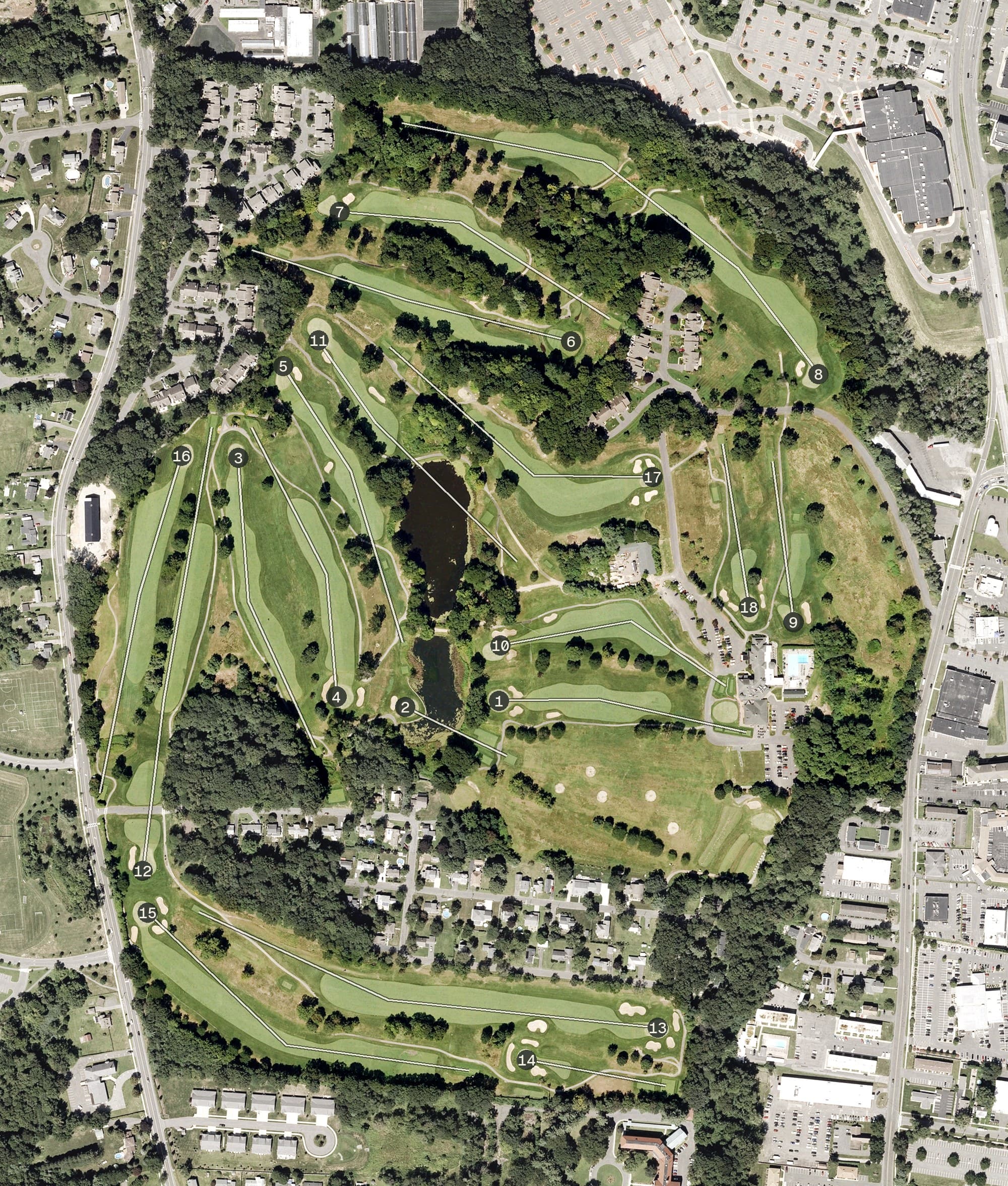Aerial view of Springfield Country Club, MA, with its hole routing marked