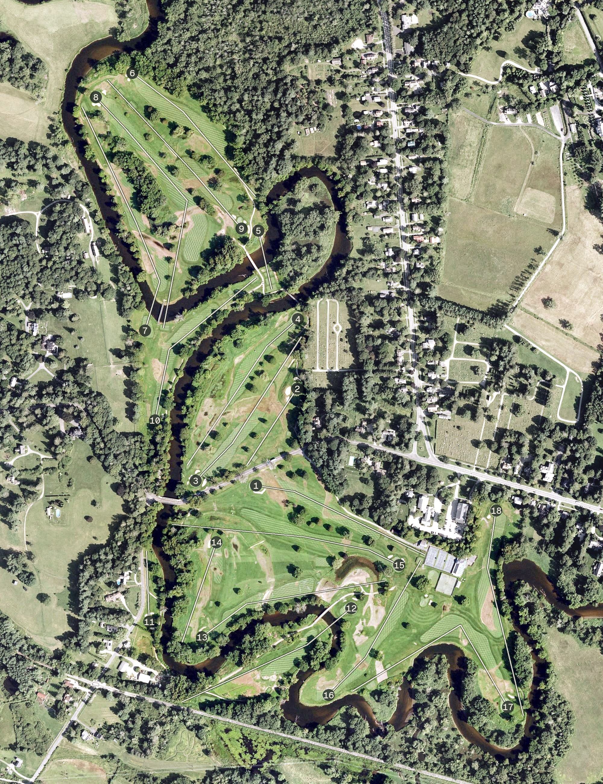 Aerial view of Stockbridge Golf Club, MA, with its hole routing marked