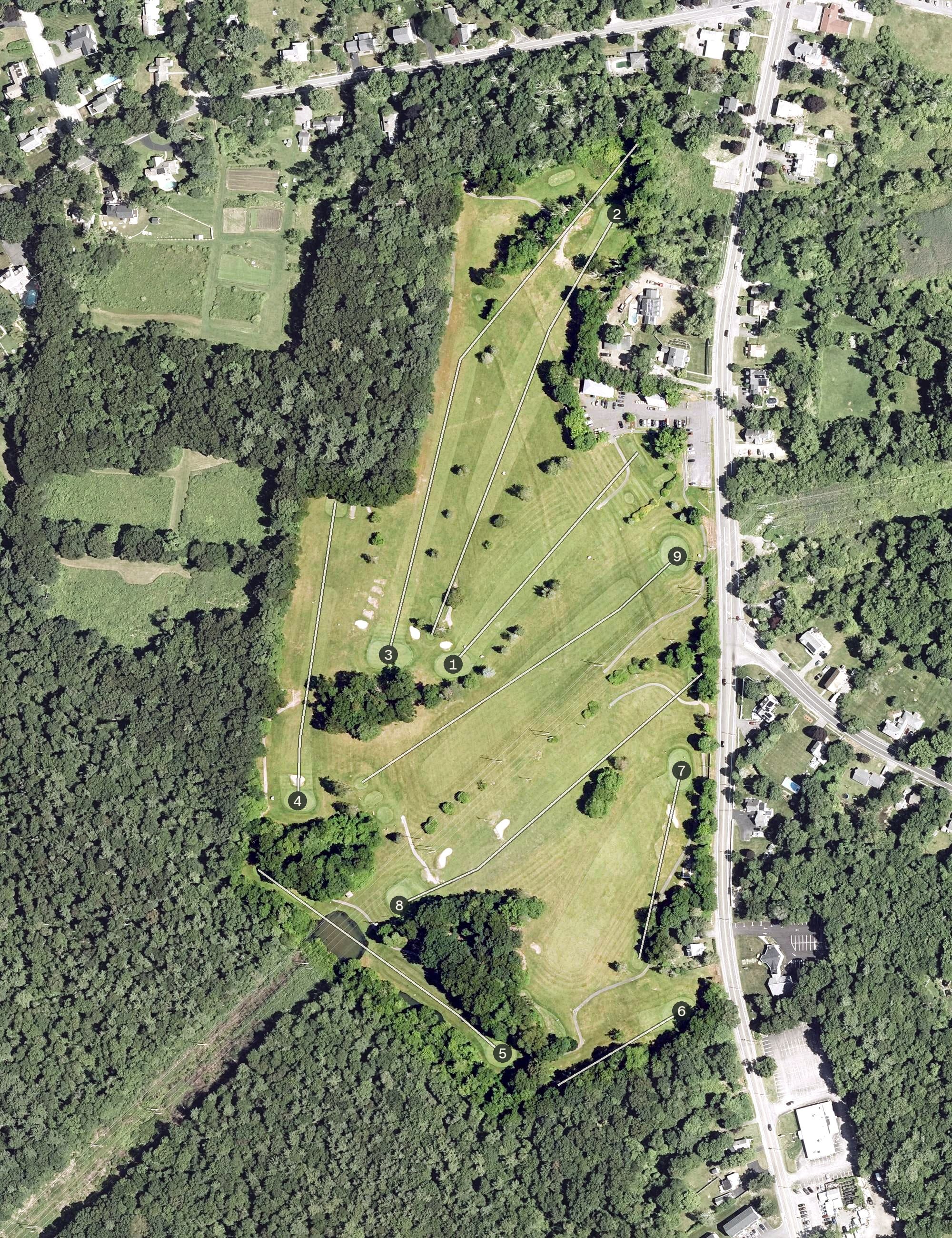 Aerial view of Strawberry Valley Golf Course, MA, with its hole routing marked