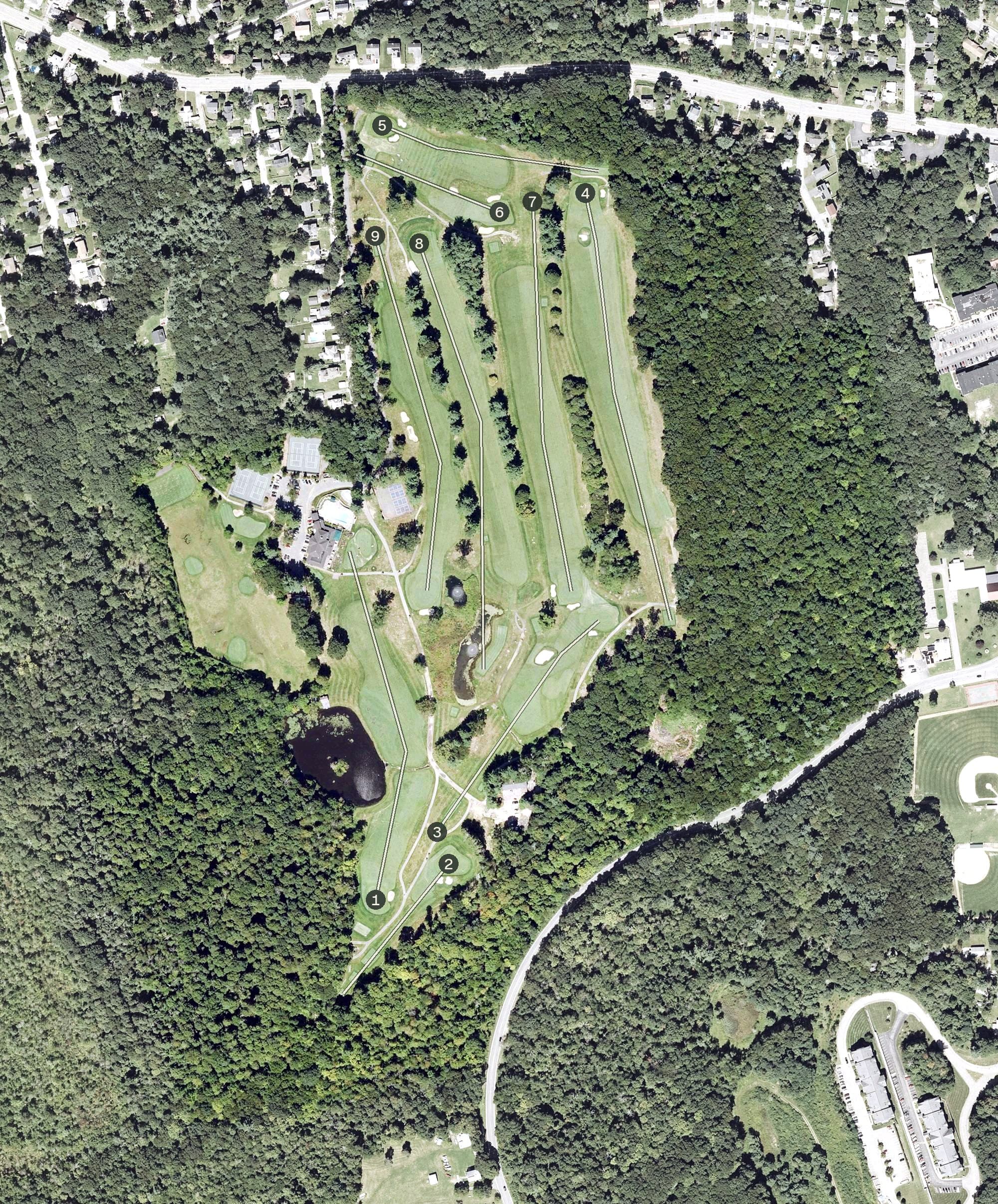 Aerial view of Tatnuck Country Club, MA, with its hole routing marked