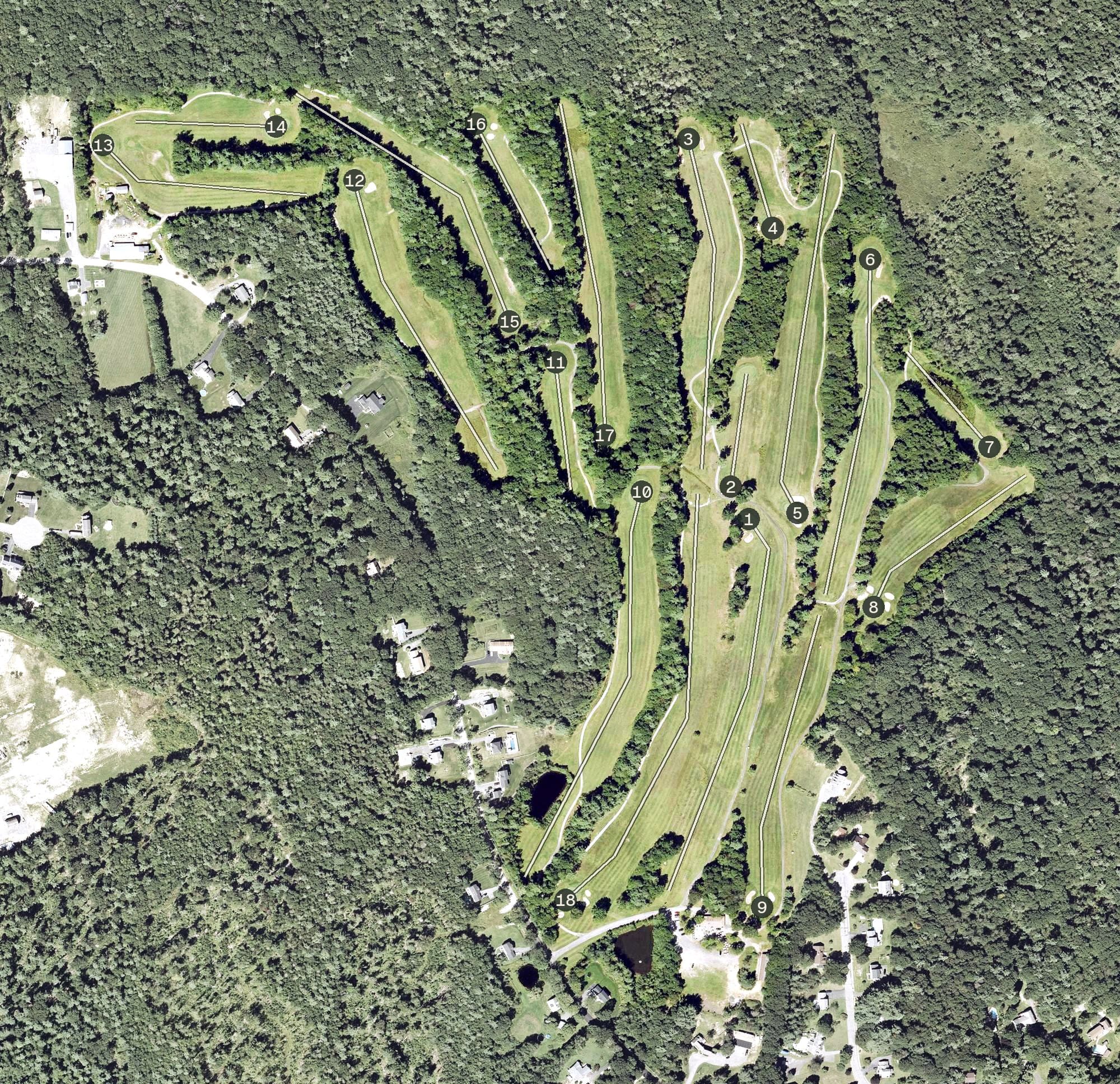Aerial view of Templewood Golf Course, MA, with its hole routing marked