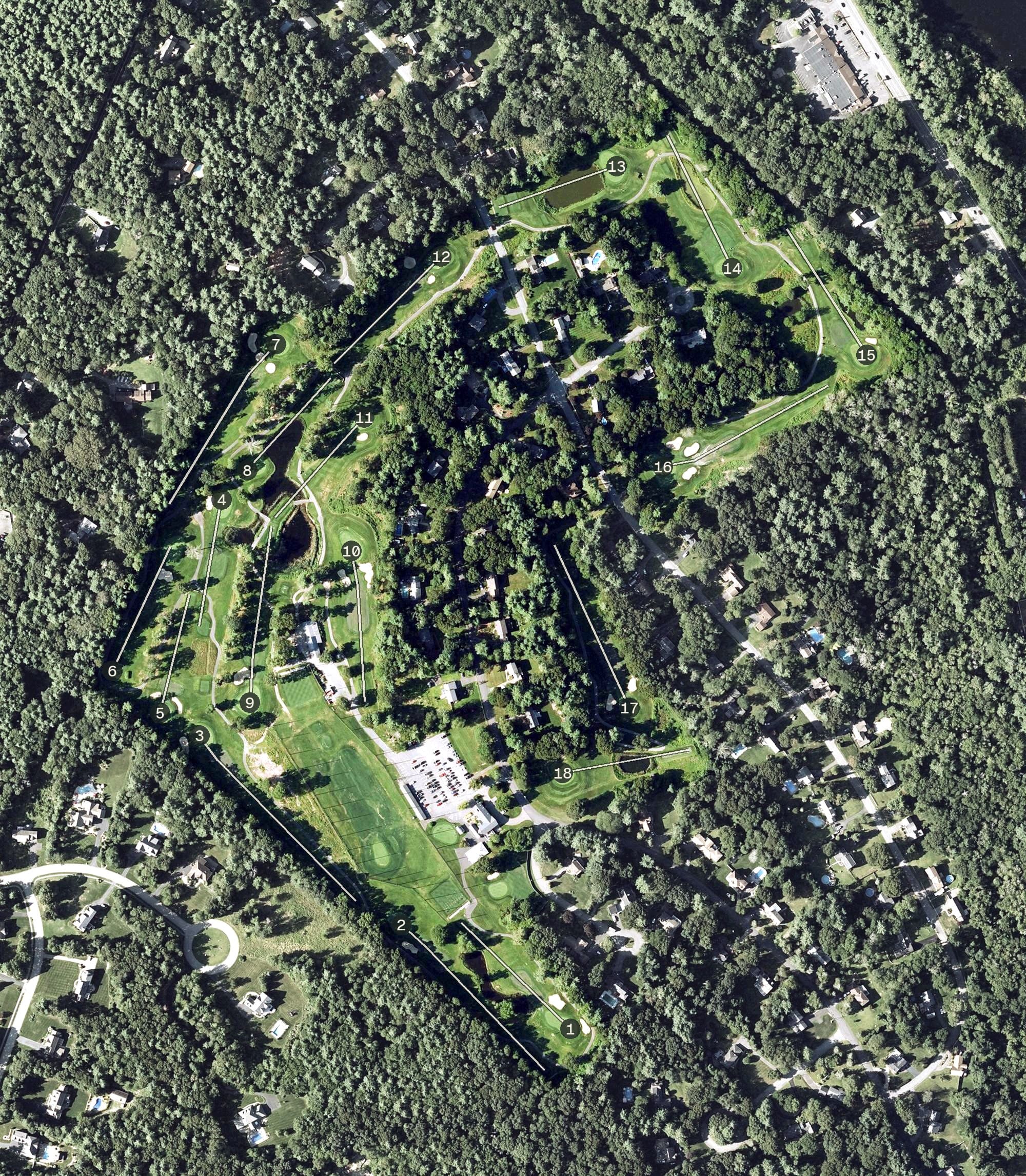 Aerial view of The Back Nine Club, MA, with its hole routing marked