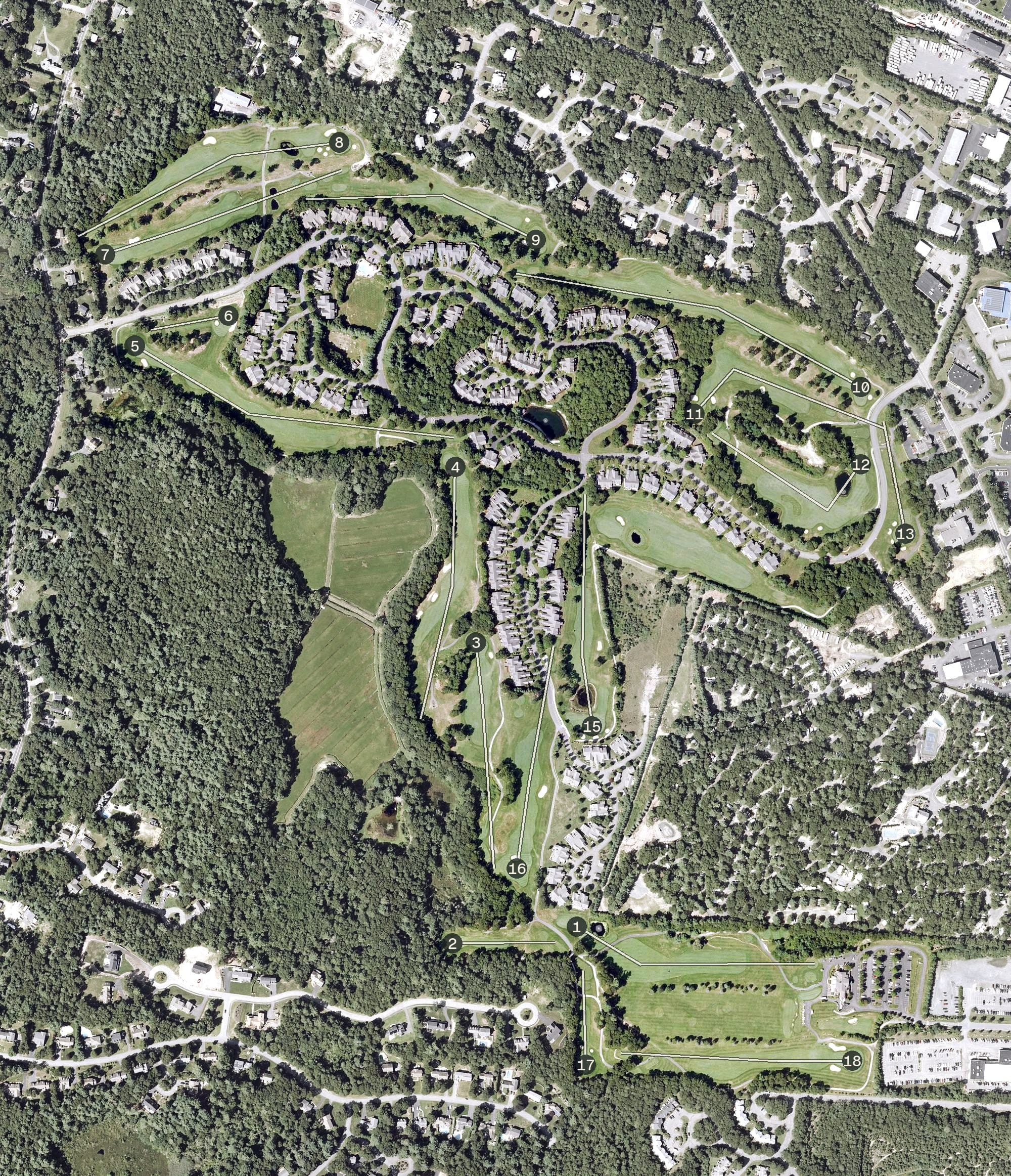 Aerial view of The Brookside Club, MA, with its hole routing marked