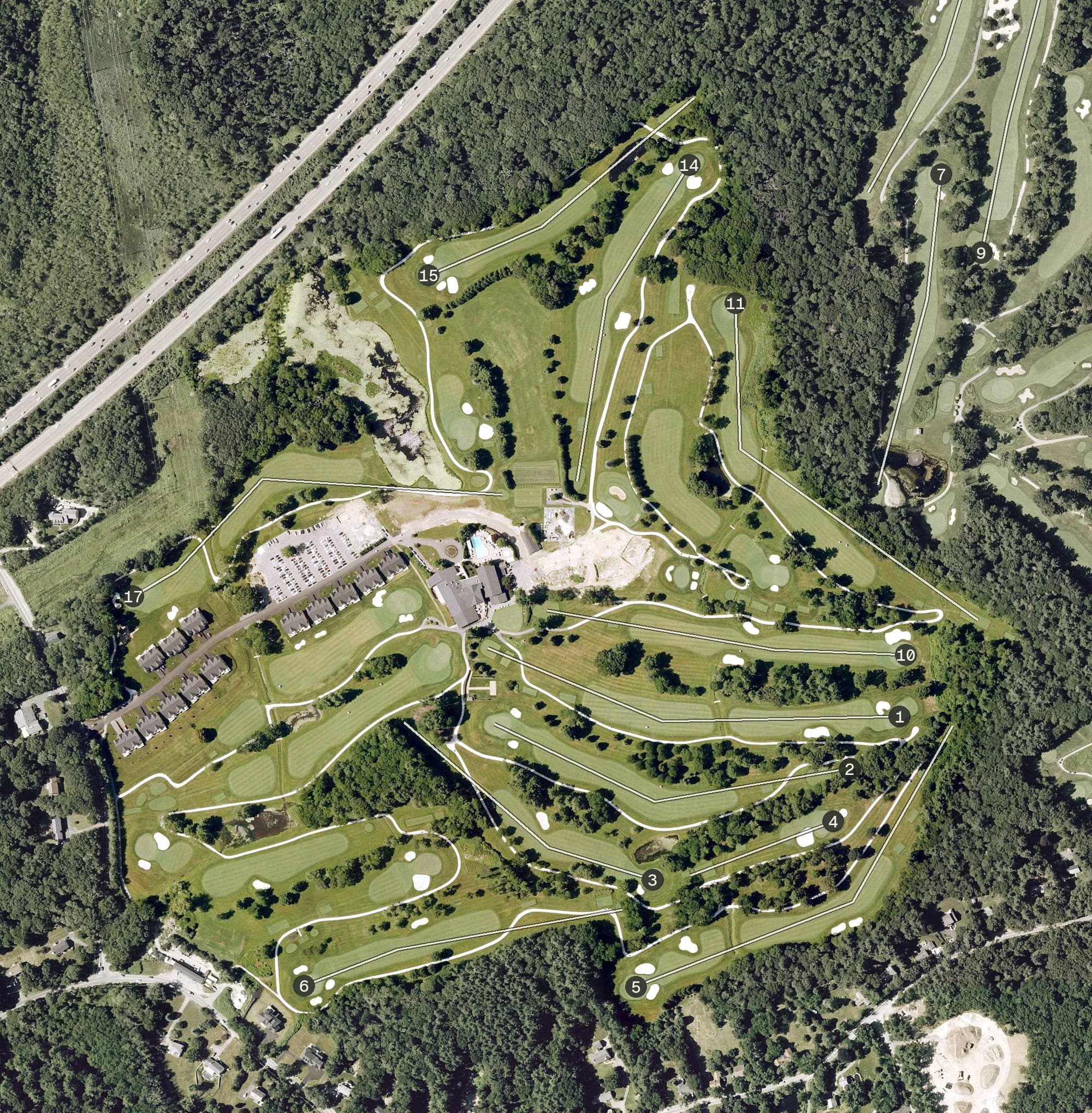 Aerial view of The Cape Club Of Sharon, MA, with its hole routing marked