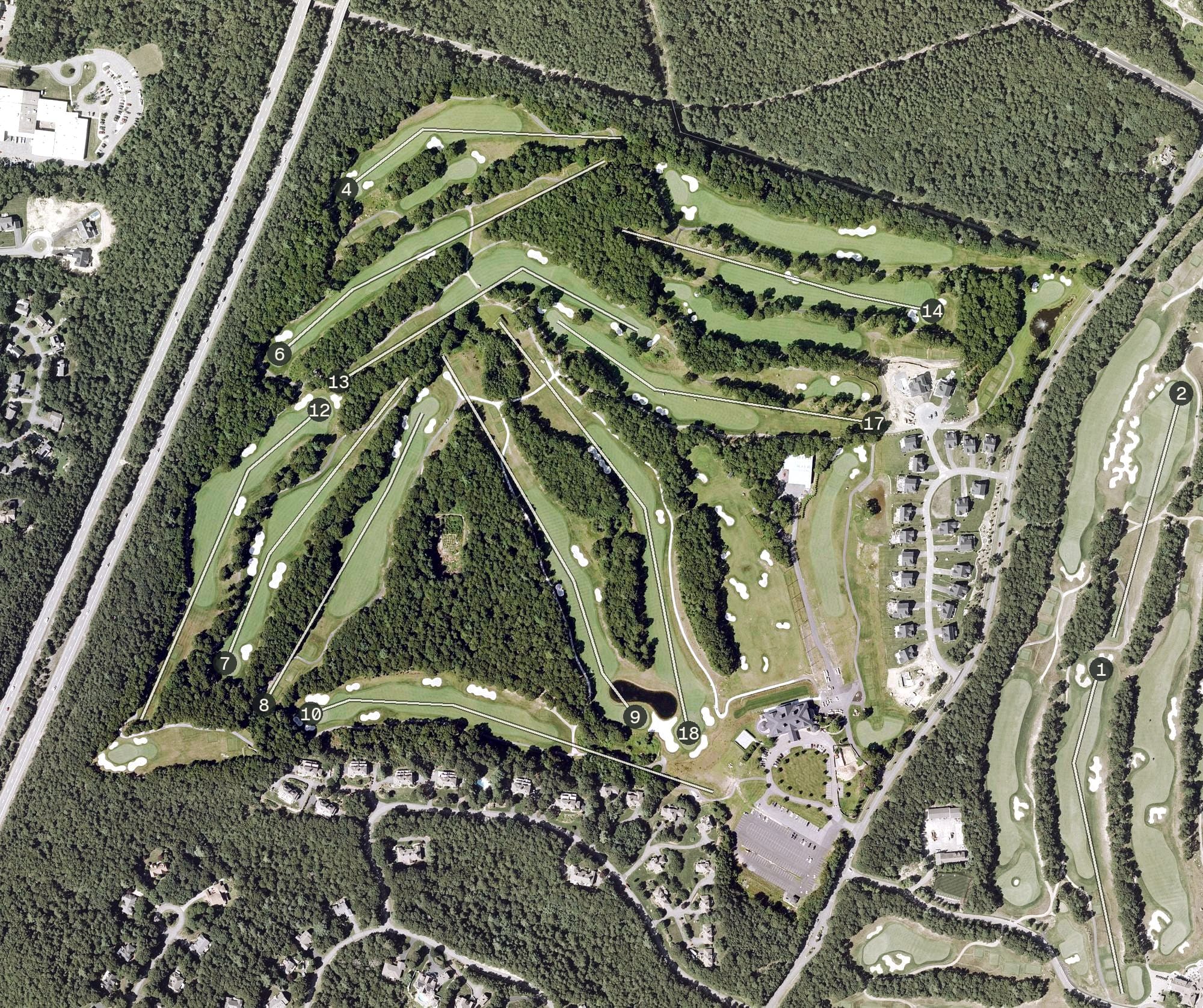 Aerial view of The Cape Club, MA, with its hole routing marked