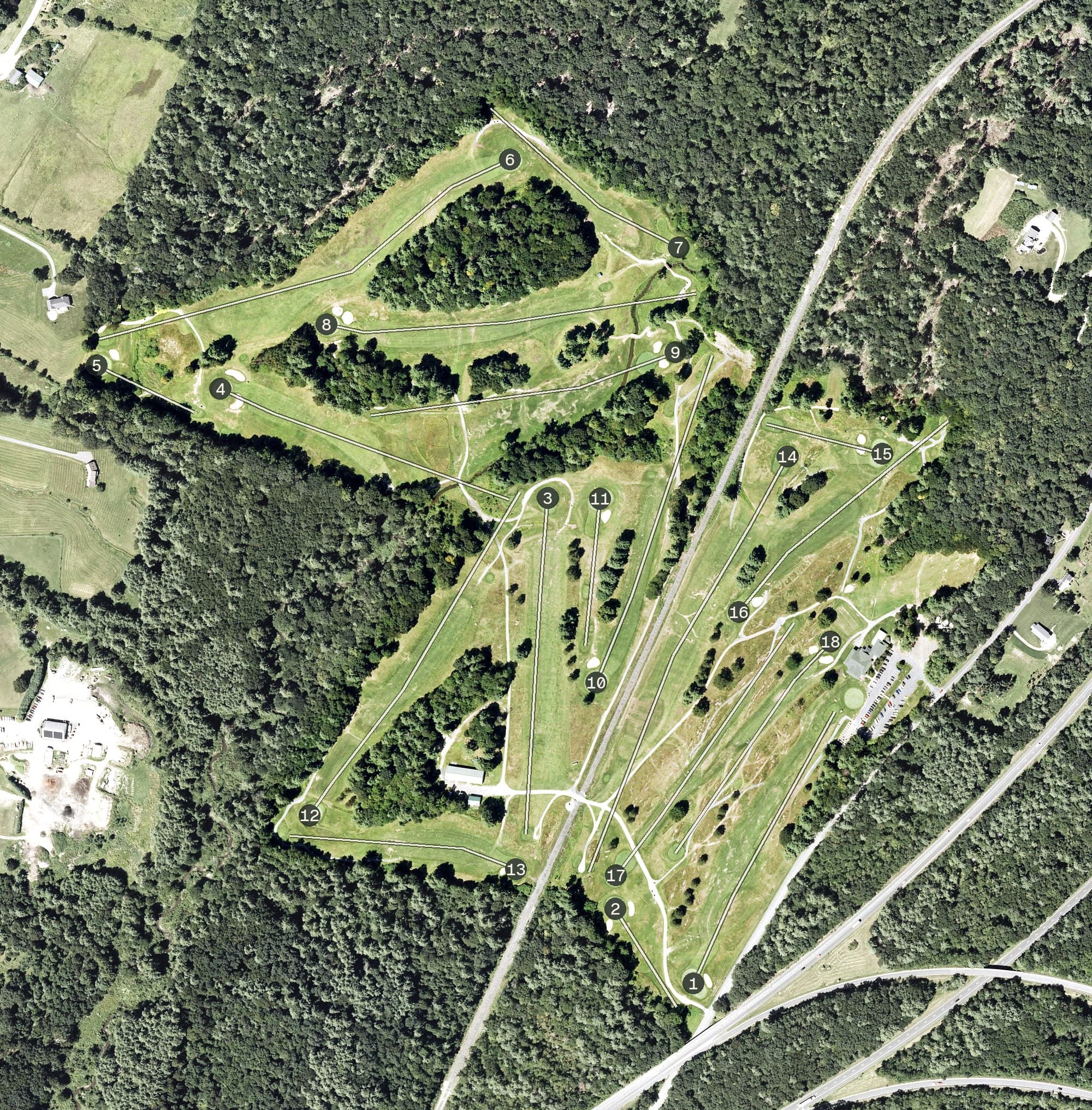 Aerial view of The Country Club of Greenfield, MA, with its hole routing marked