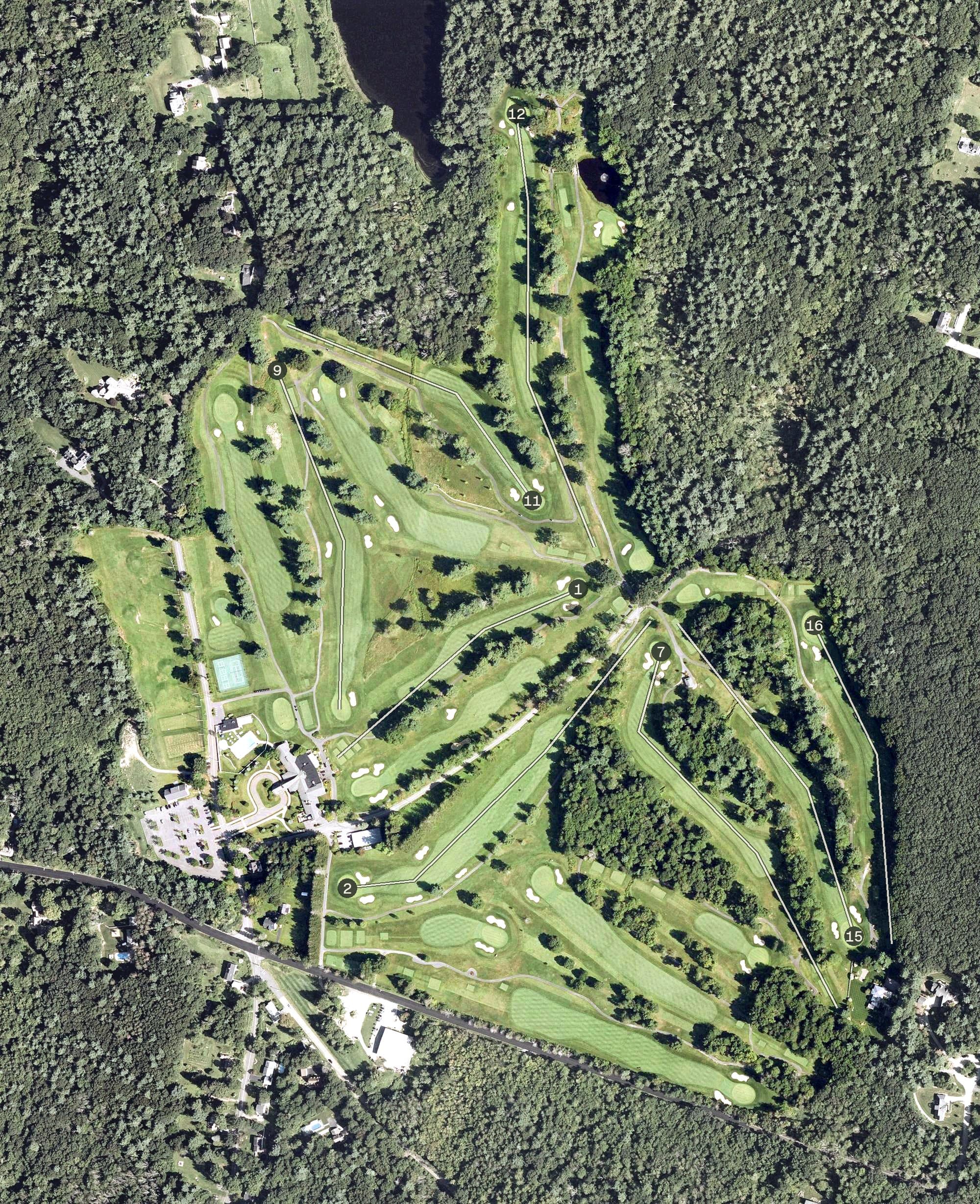 Aerial view of The Haven Country Club, MA, with its hole routing marked