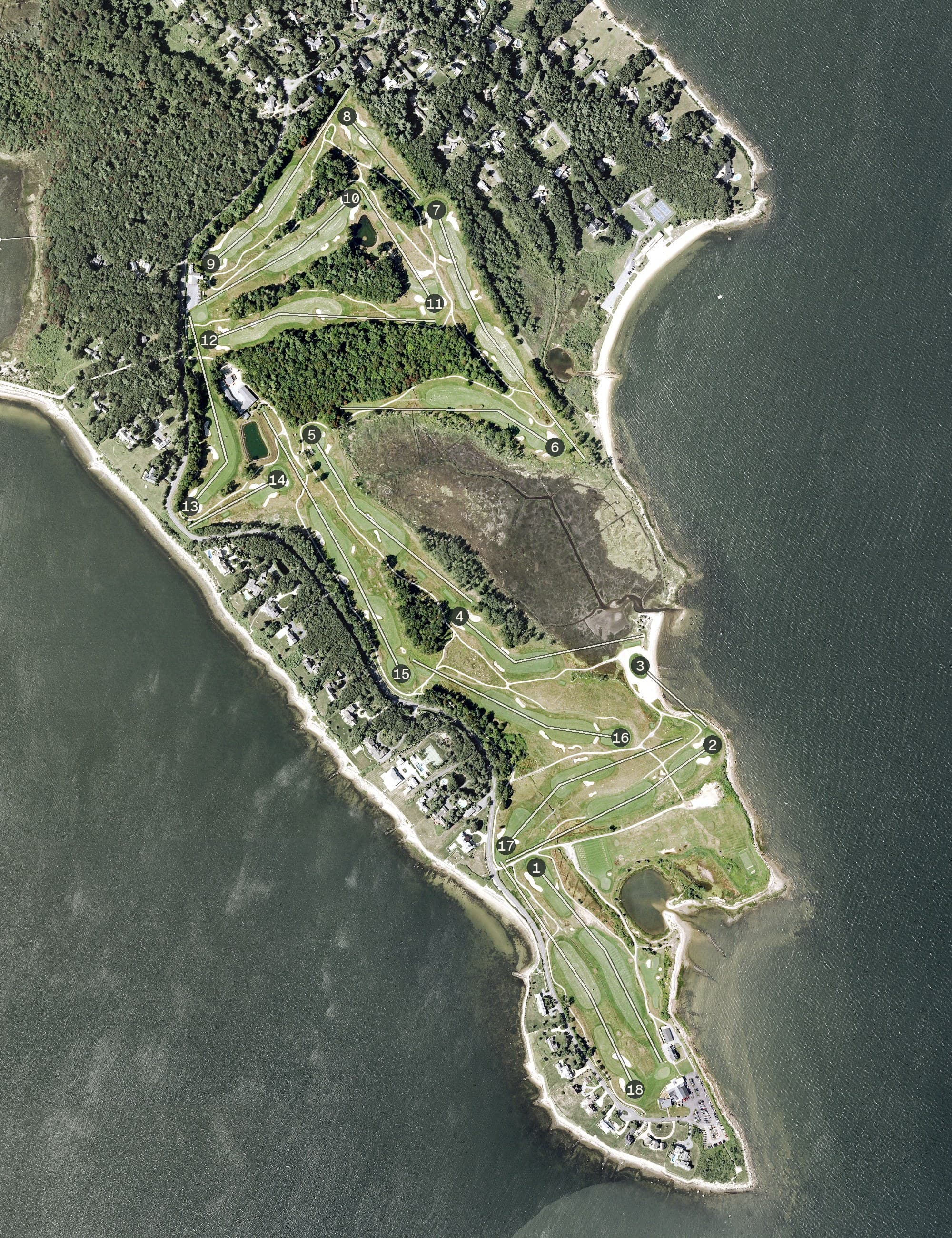 Aerial view of The Kittansett Club, MA, with its hole routing marked