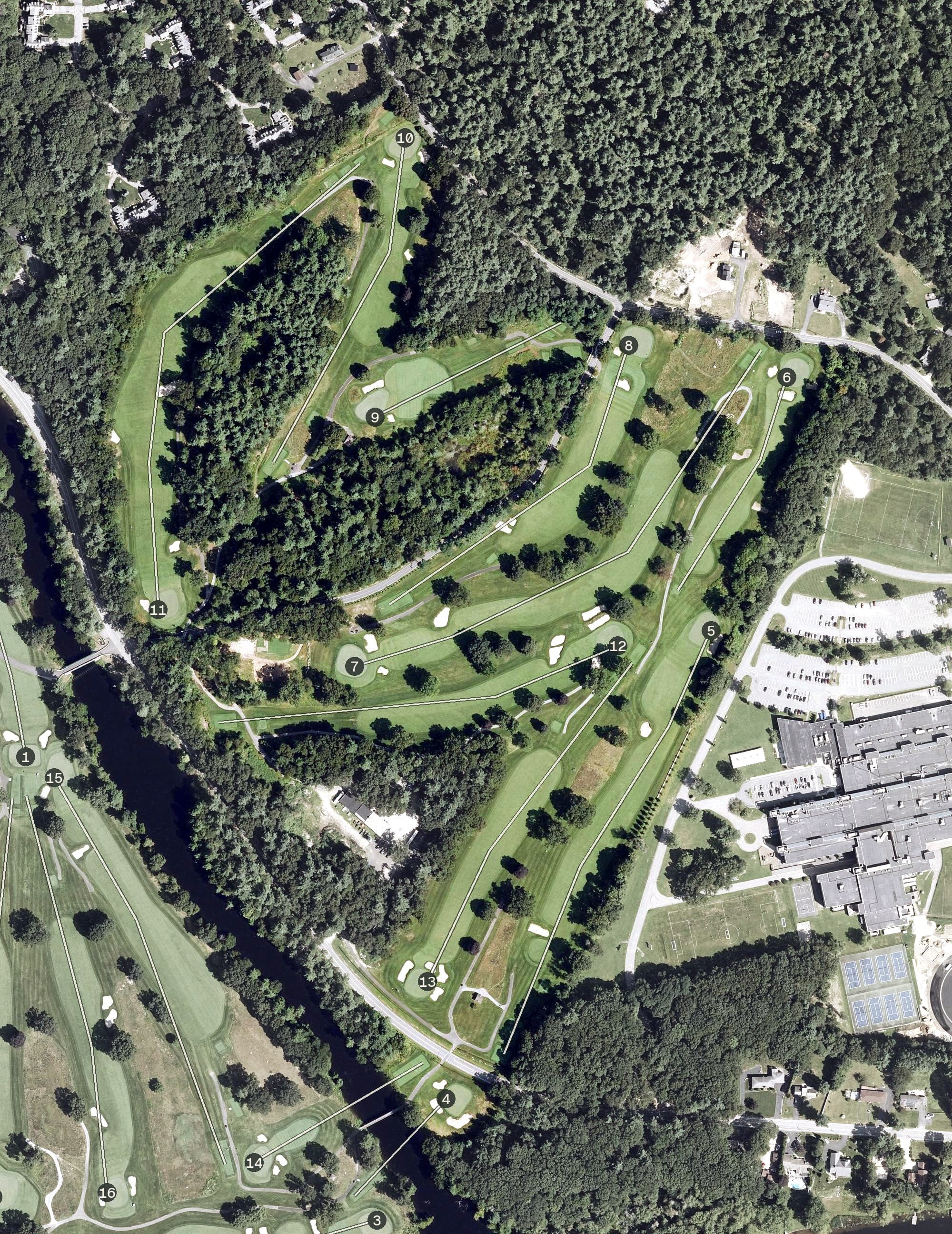 Aerial view of Vesper Country Club, MA, with its hole routing marked