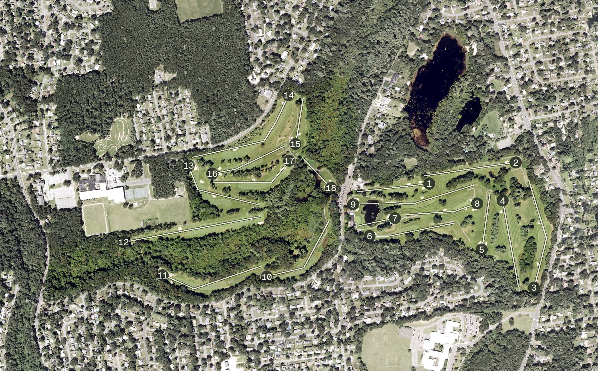Aerial view of Veterans Memorial Golf Course, MA, with its hole routing marked