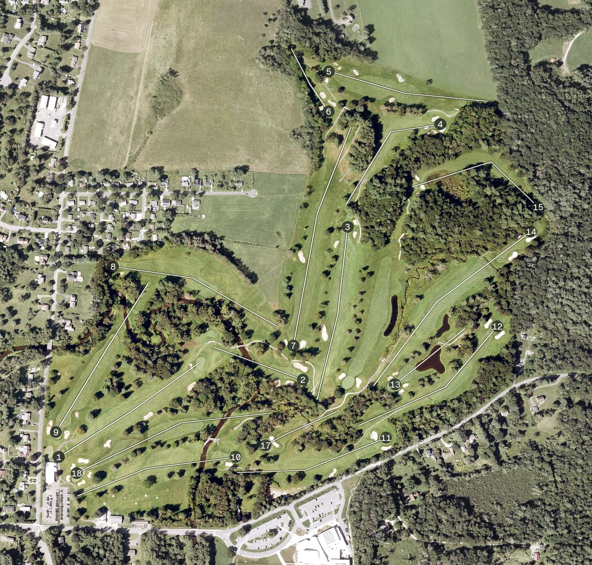 Aerial view of Wahconah Golf & Country Club, MA, with its hole routing marked