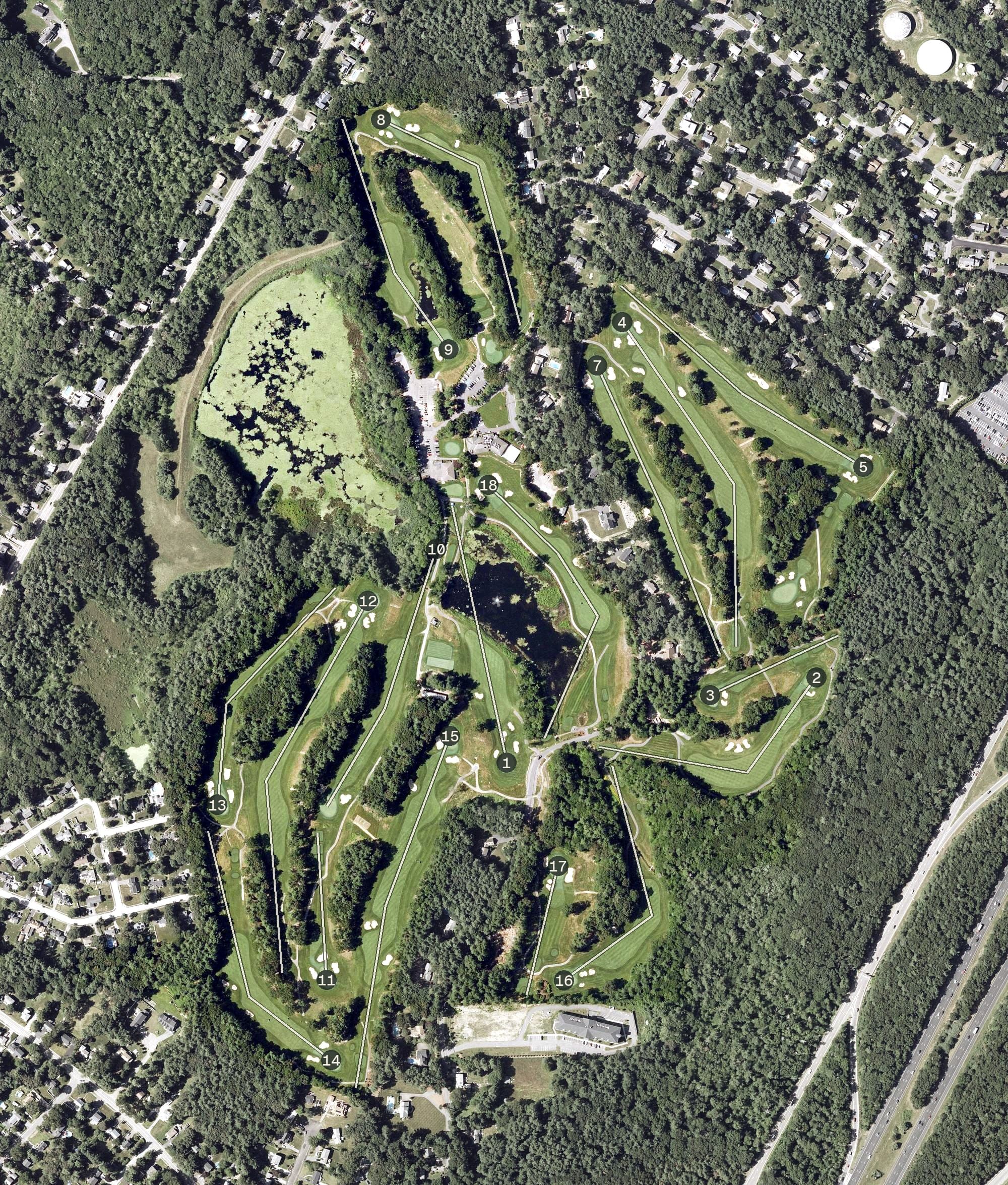 Aerial view of Walpole Country Club, MA, with its hole routing marked