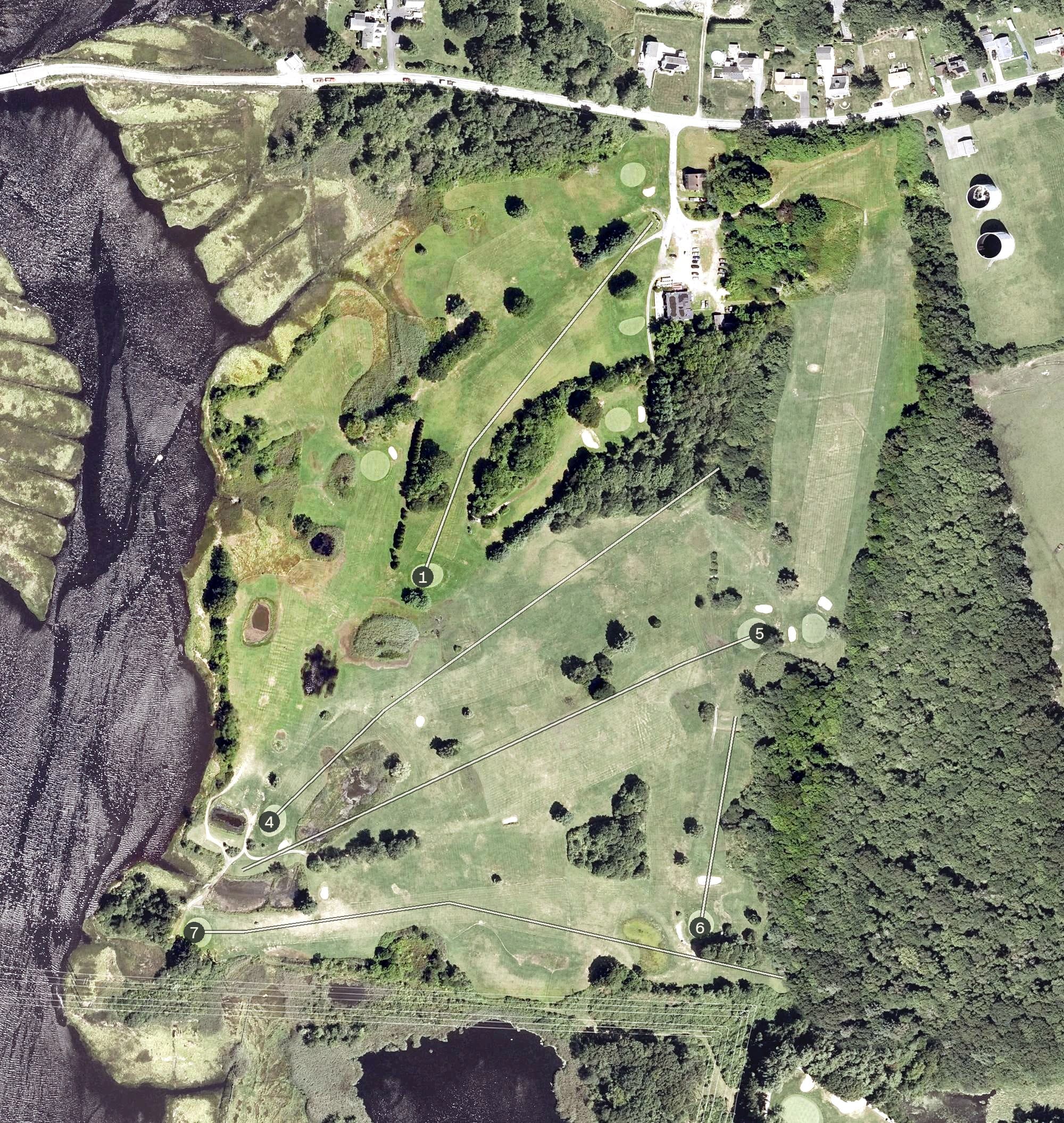Aerial view of Wampanoag Golf Course, MA, with its hole routing marked
