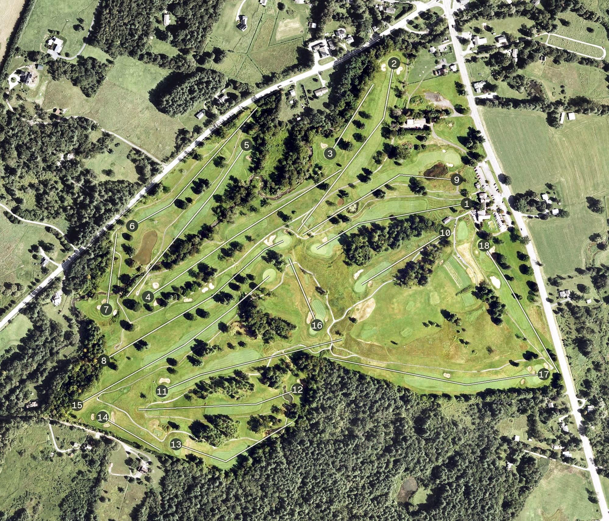 Aerial view of Waubeeka Golf Links, MA, with its hole routing marked