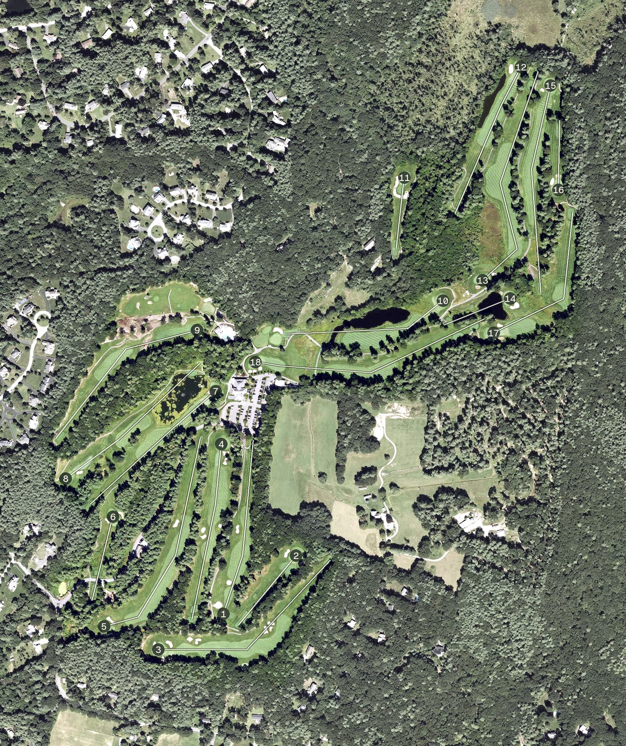 Aerial view of Wedgewood Pines Country Club, MA, with its hole routing marked
