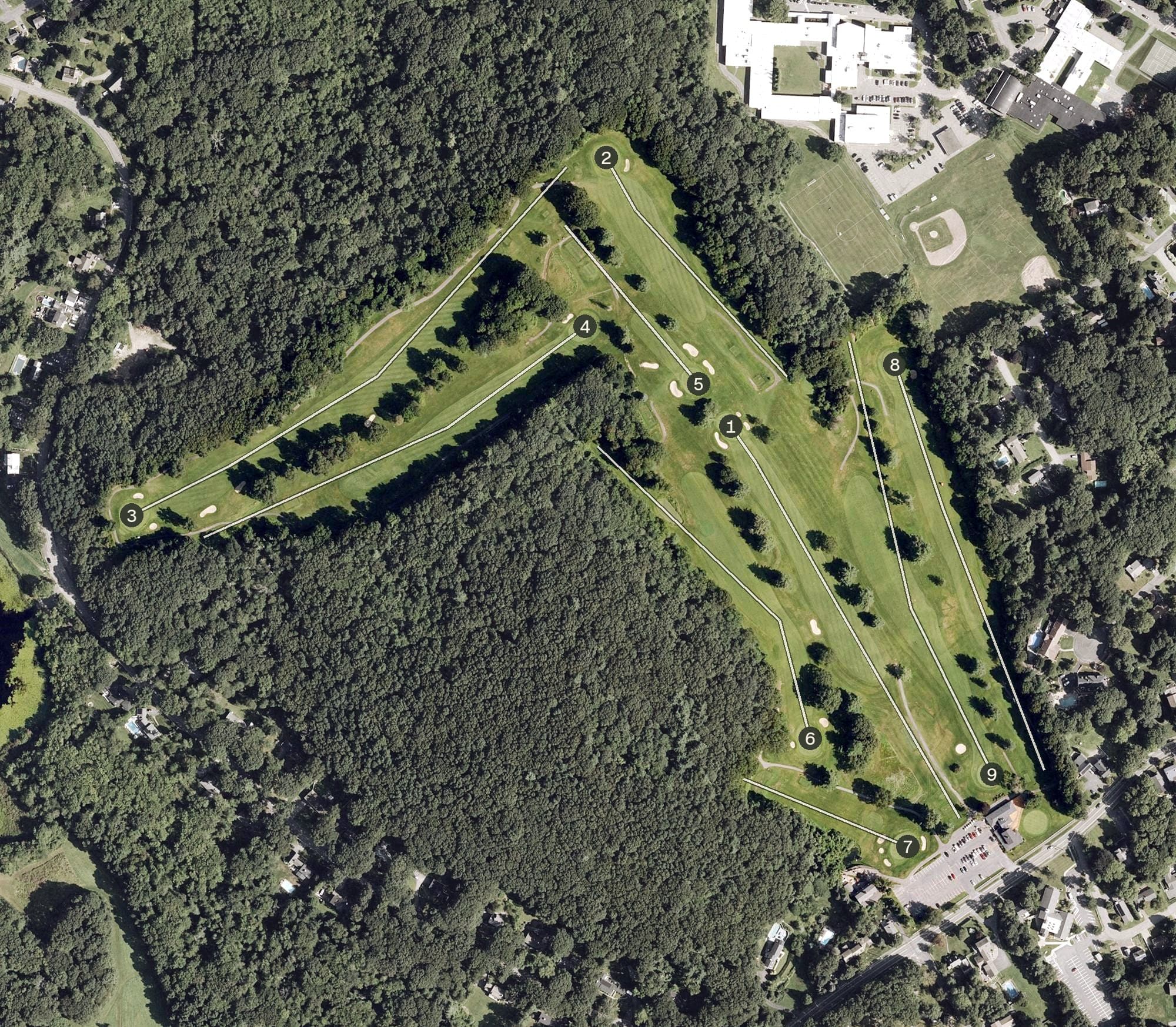 Aerial view of Westborough Country Club, MA, with its hole routing marked
