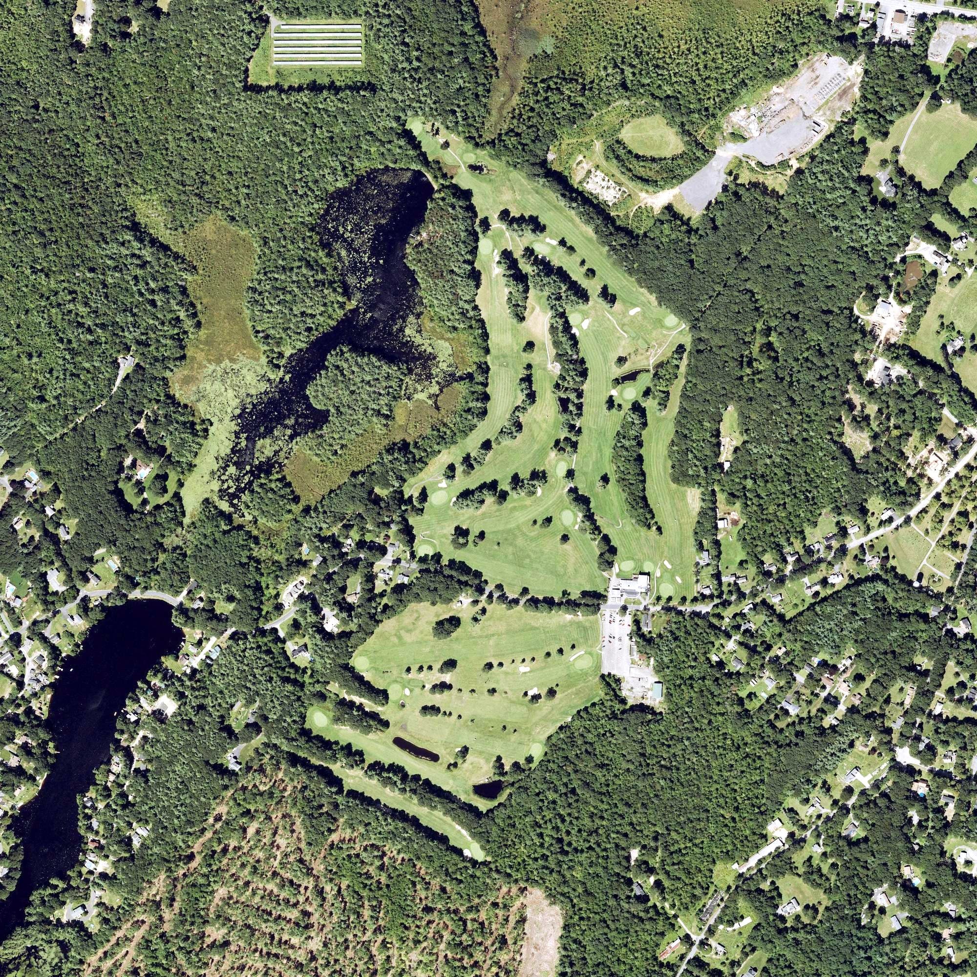 Aerial view of Westminster Country Club, MA, with its hole routing marked