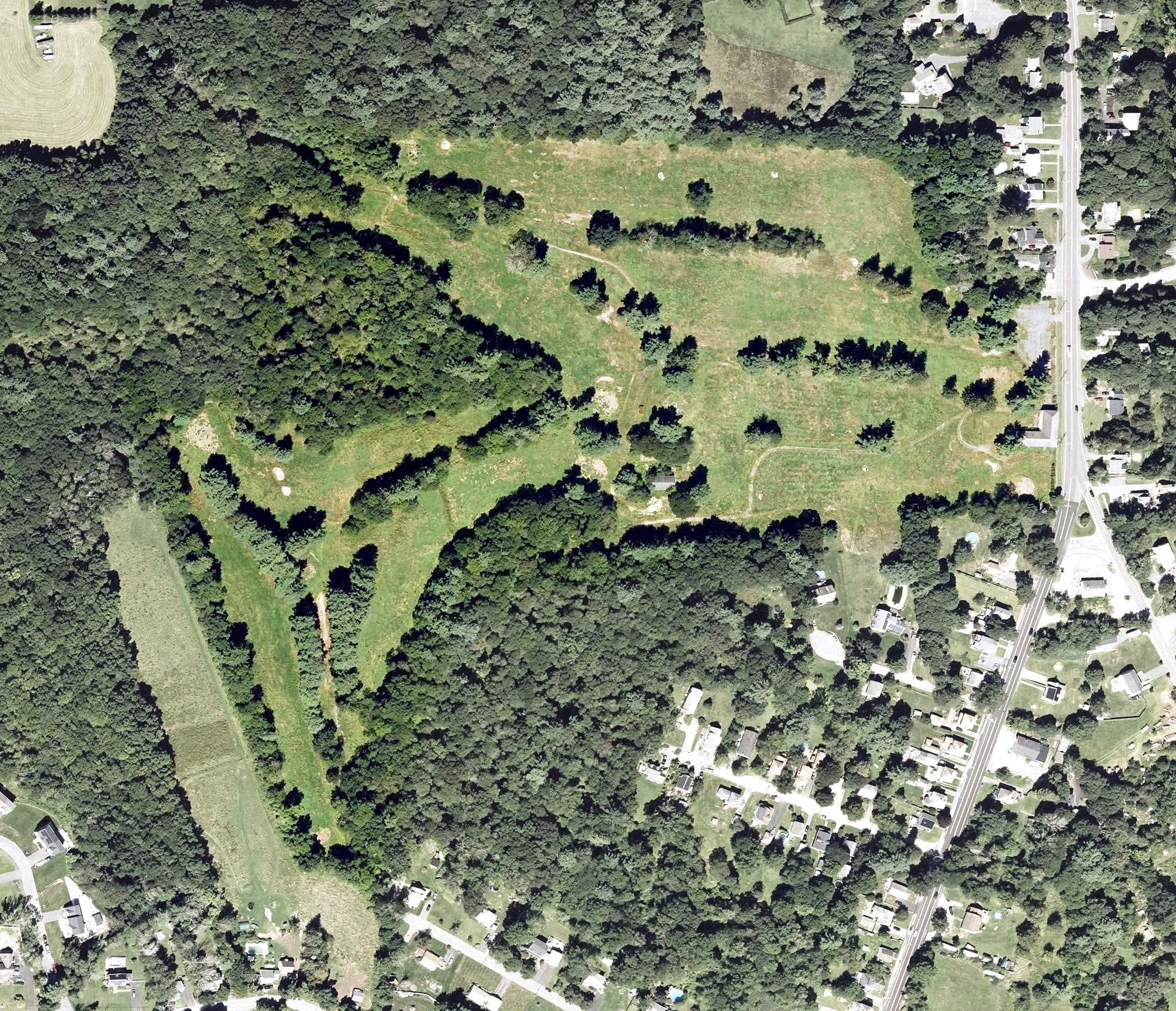 Aerial view of White Pines Golf Course, MA, with its hole routing marked