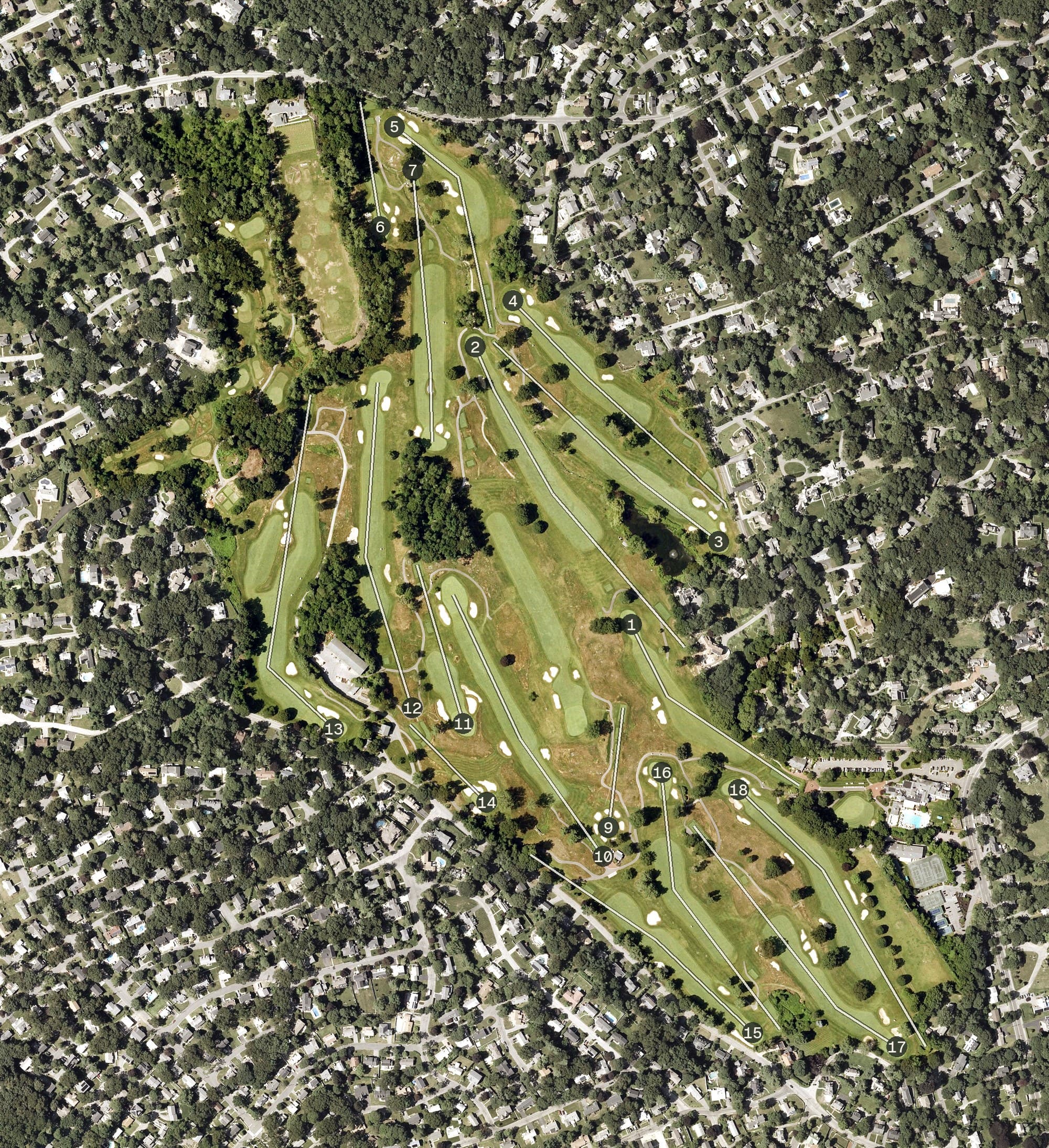 Aerial view of Winchester Country Club, MA, with its hole routing marked