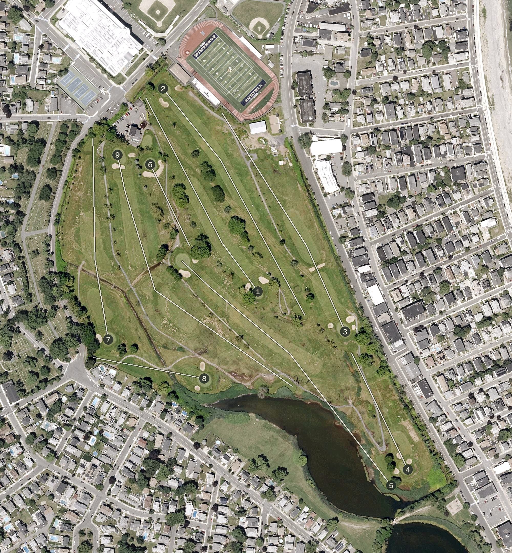 Aerial view of Winthrop Golf Club, MA, with its hole routing marked