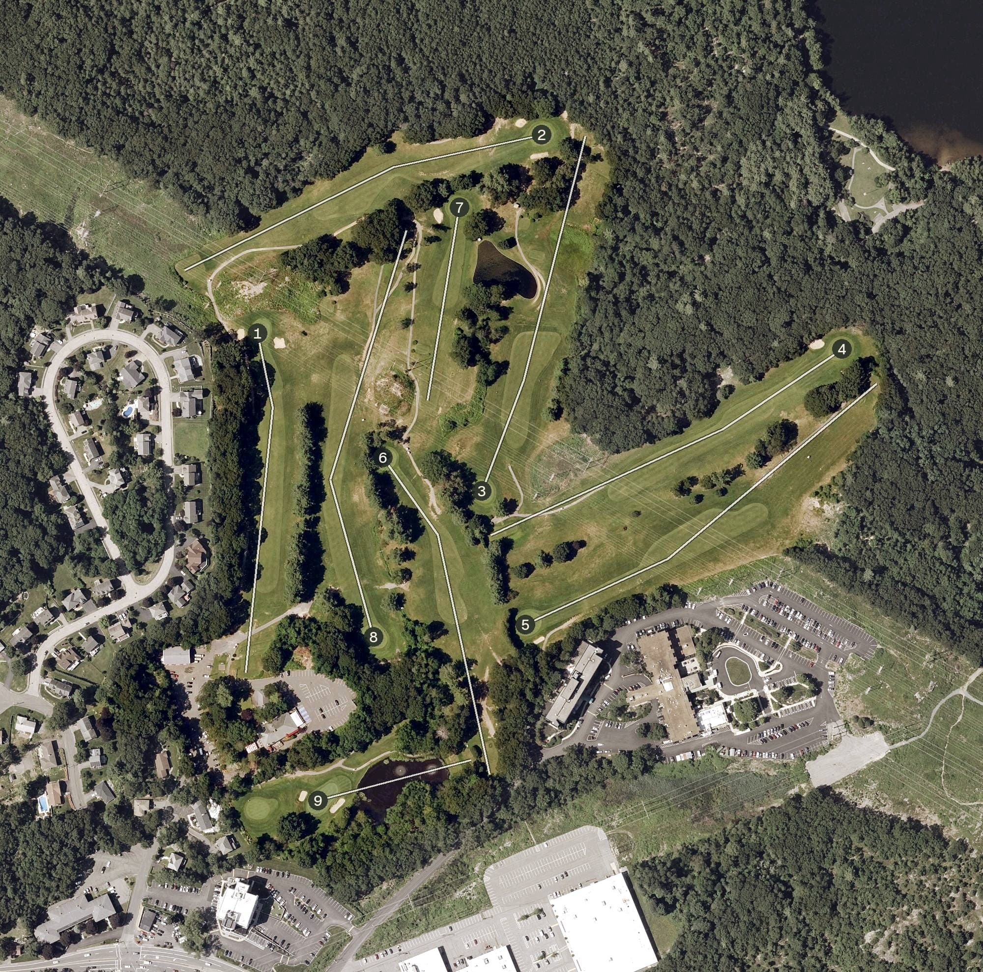 Aerial view of Woburn Country Club, MA, with its hole routing marked