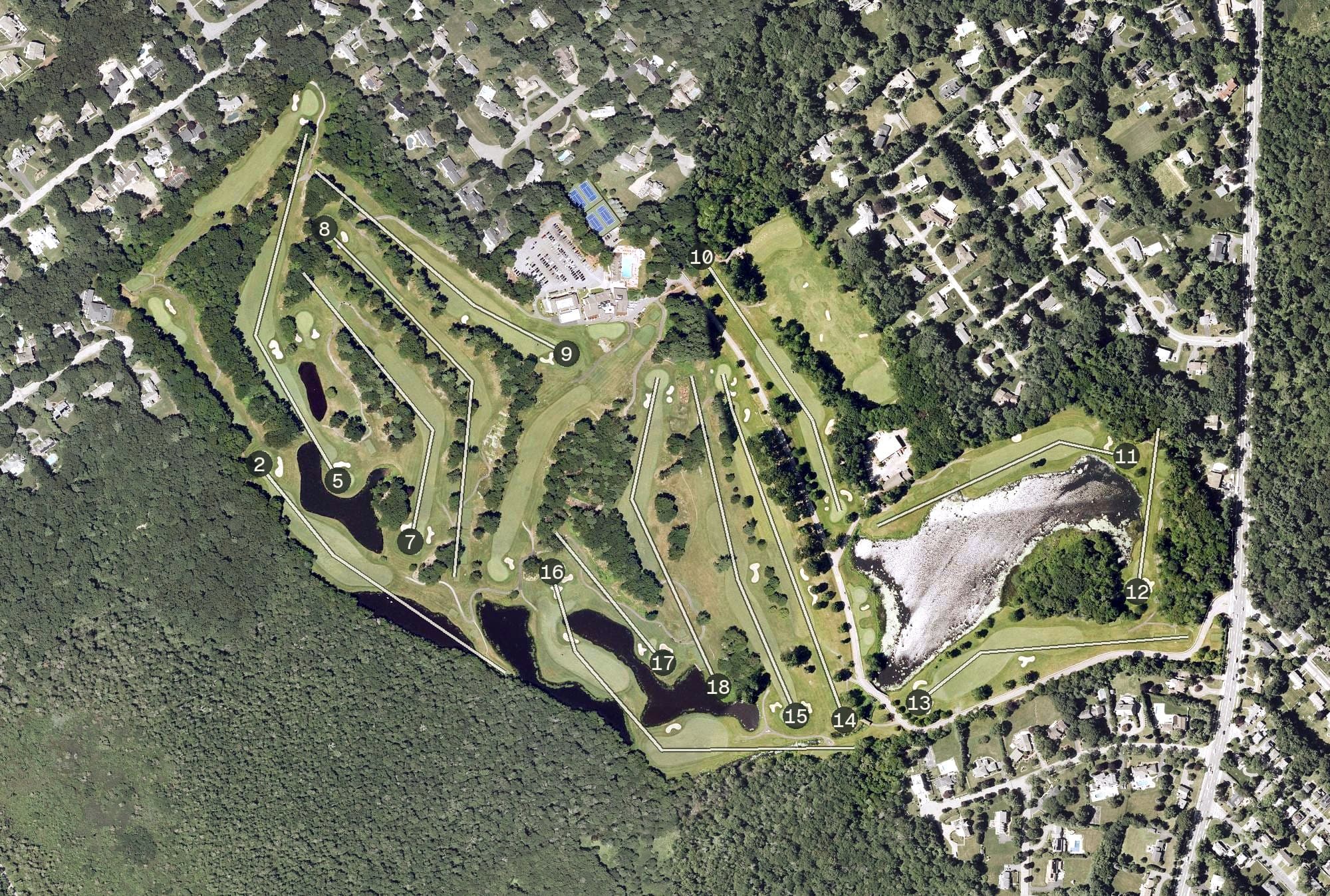 Aerial view of Wollaston Golf Club, MA, with its hole routing marked