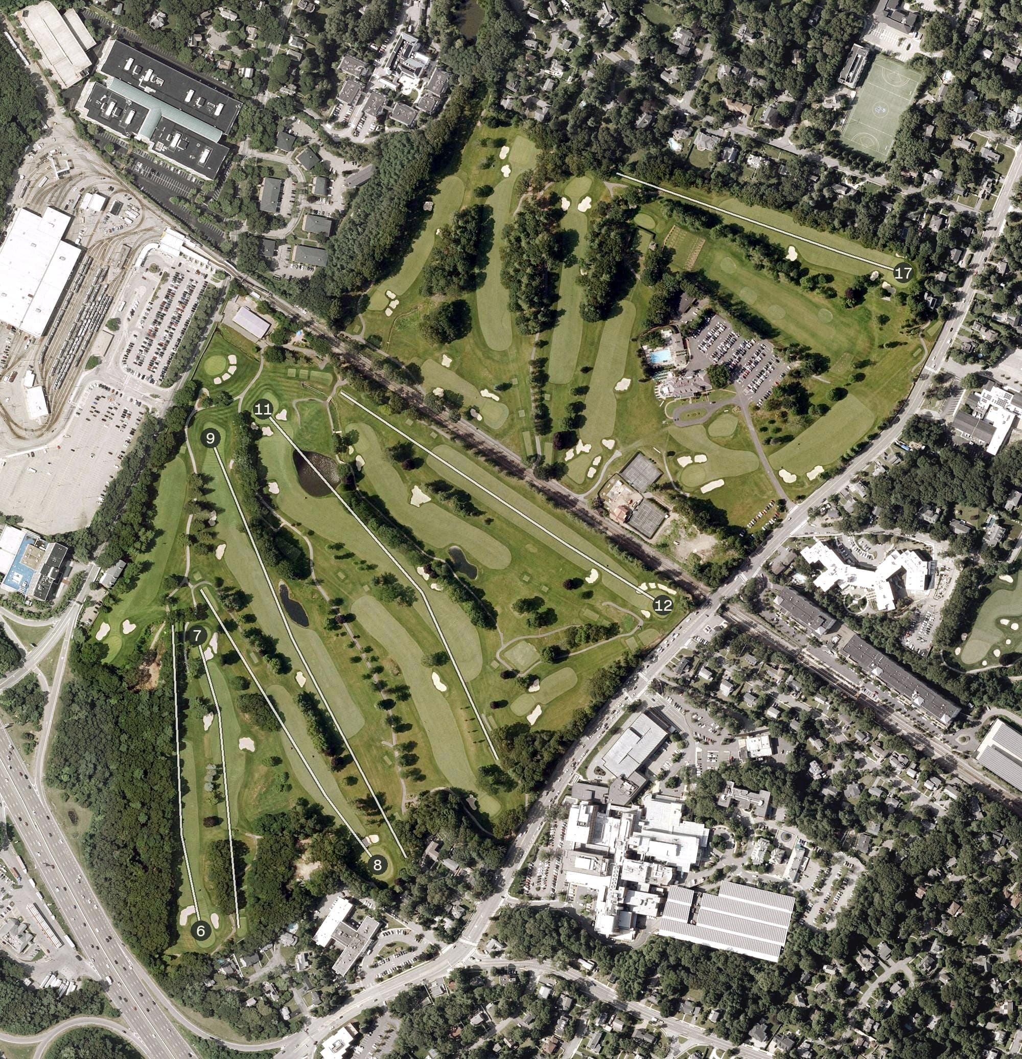 Aerial view of Woodland Golf Club, MA, with its hole routing marked