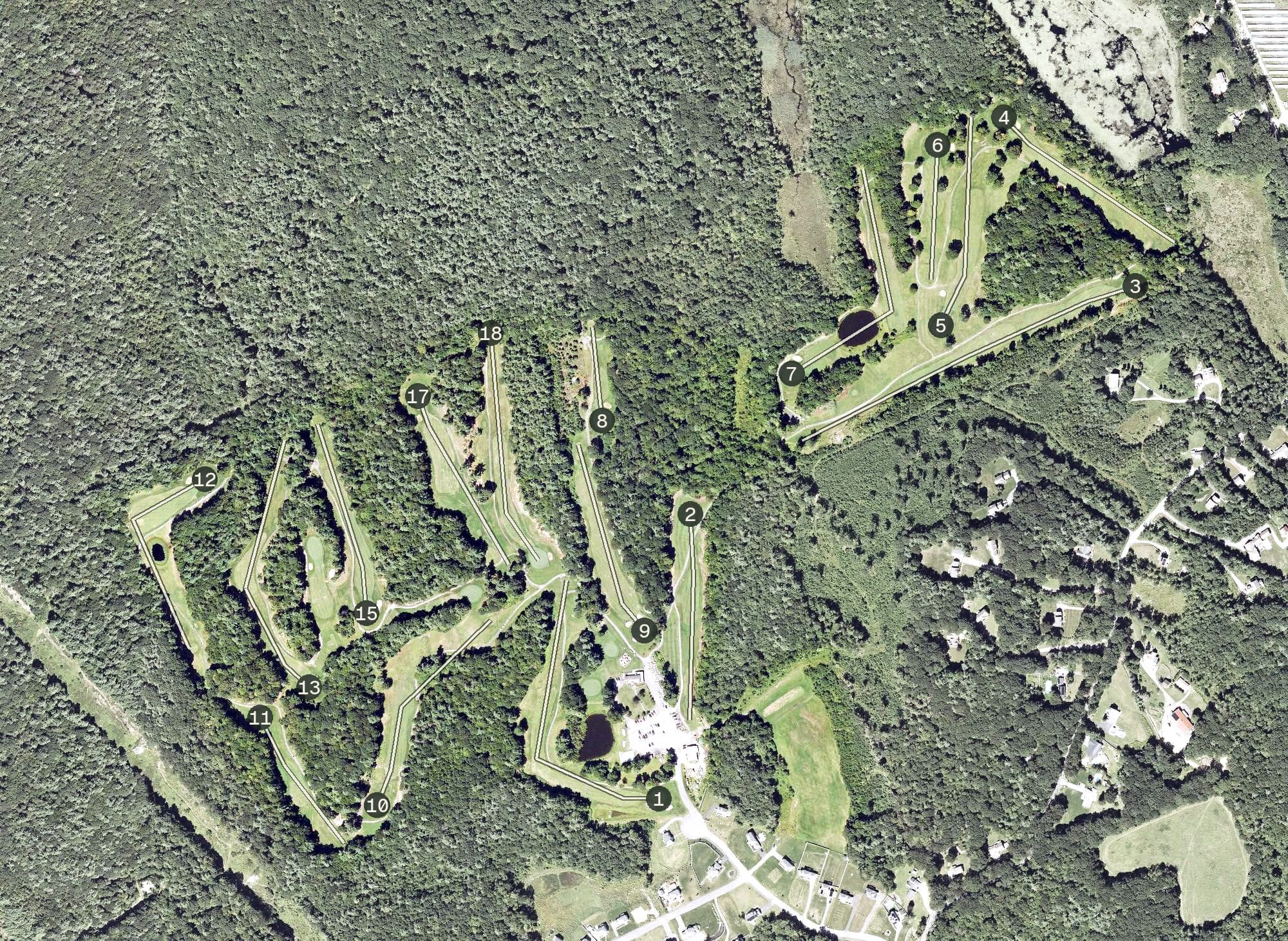 Aerial view of Woods of Westminster Golf Course, MA, with its hole routing marked
